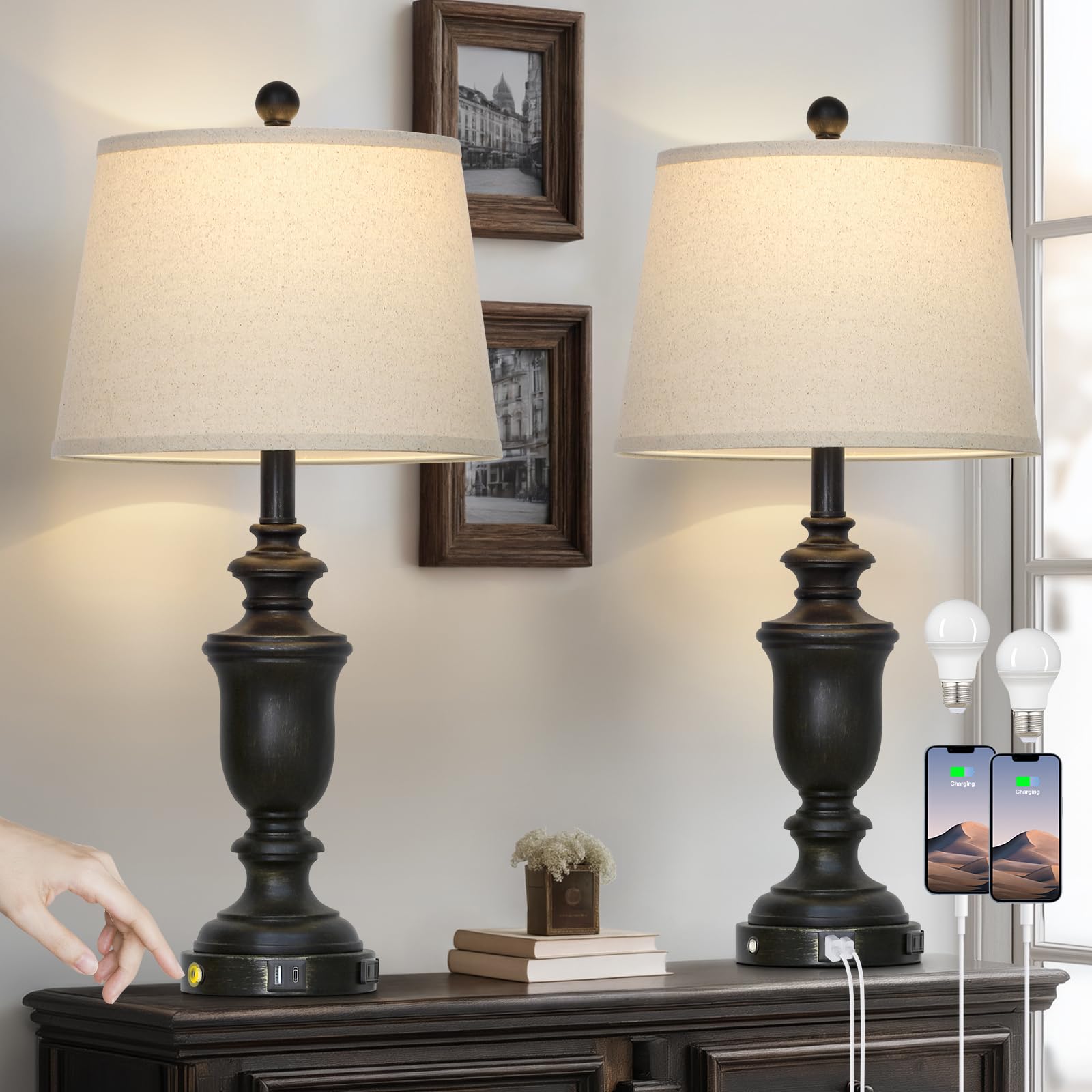 Cinkeda 26'' Black Table Lamps Set Of 2 With Usb C+A Ports & Ac Outlet For Farmohouse Living Room Retro Bedroom,3-Way Dimmable T