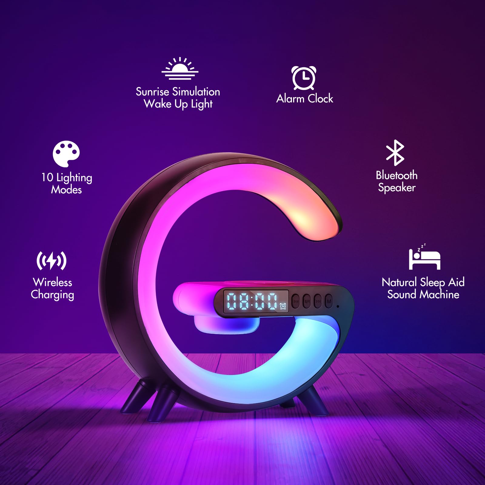 Wireless Charger Atmosphere Lamp, 2025 New Mini Led Table Lamp, Bluetooth Speaker, Dimmable Night Light Bedside Lamp Alarm Clock