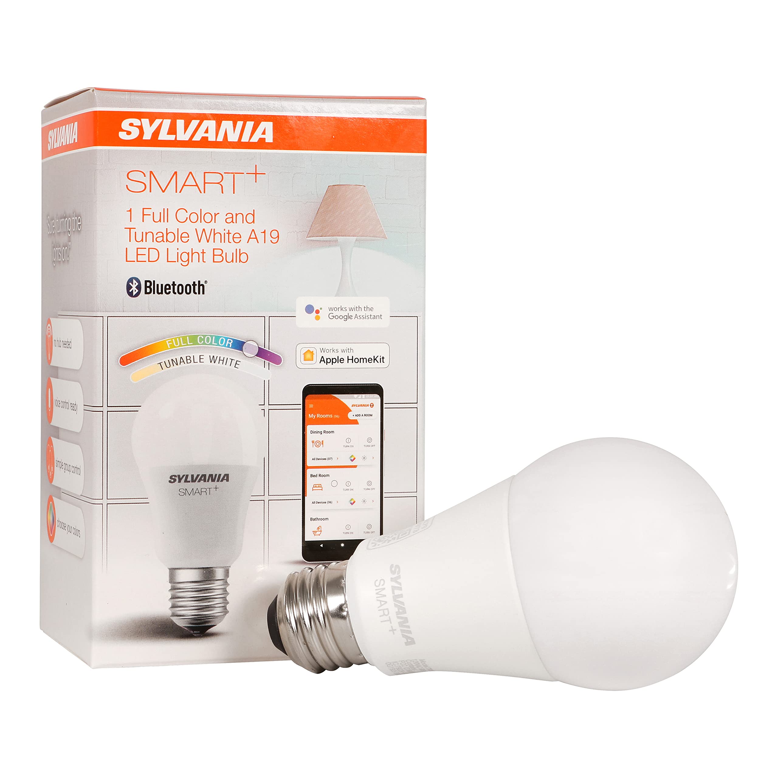 Sylvania Smart Bluetooth A19 Full Color and Tunable White Light Bulb, 60W, Dimmable, for Alexa / Apple HomeKit / Google Assistan