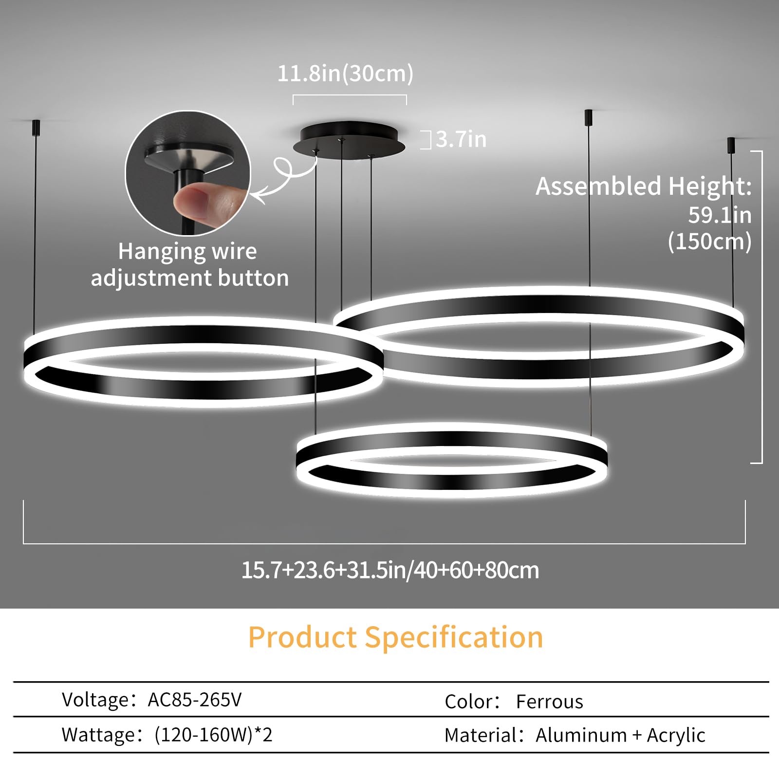 Mikeru Modern LED Chandelier Light, Remote Control, Adjustable 3000K-6500K, Aluminum, 15.7+23.6+31.5IN, C-Black