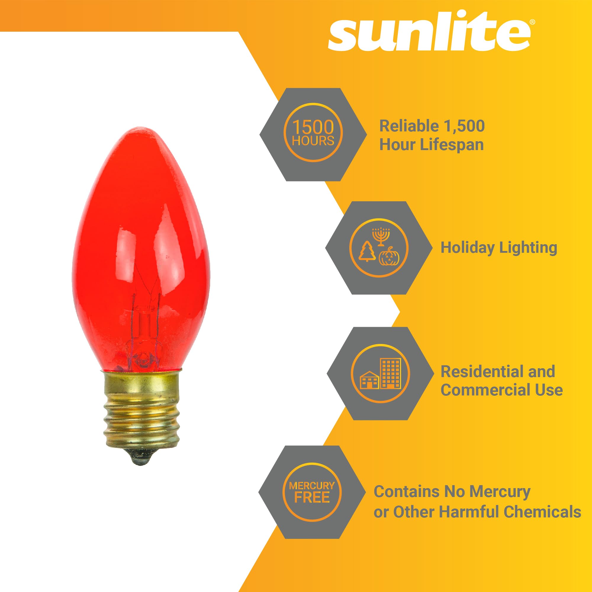 Sunlite 7C9/TR Incandescent 7-Watt, Intermediate Based, C9 Night Light Colored Bulb, Transparent Red, 25 Pack