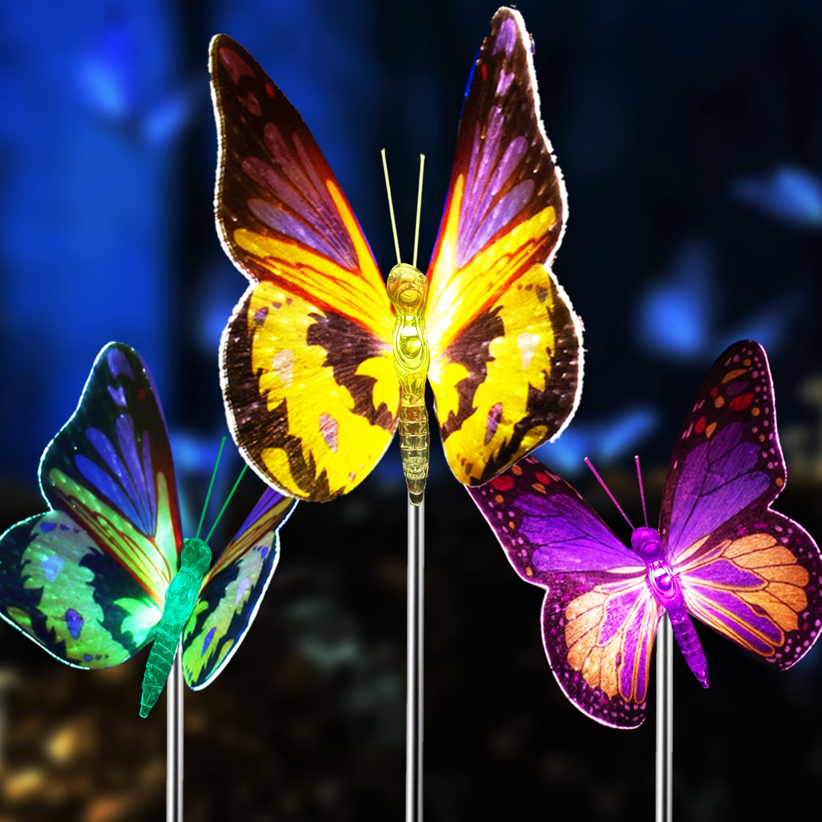 iQYTB Solar Butterfly Lights, 3 Pack Waterproof Color Changing LED Outdoor Garden Stake Lights, Fiber Optic Decoration for Patio Lawn