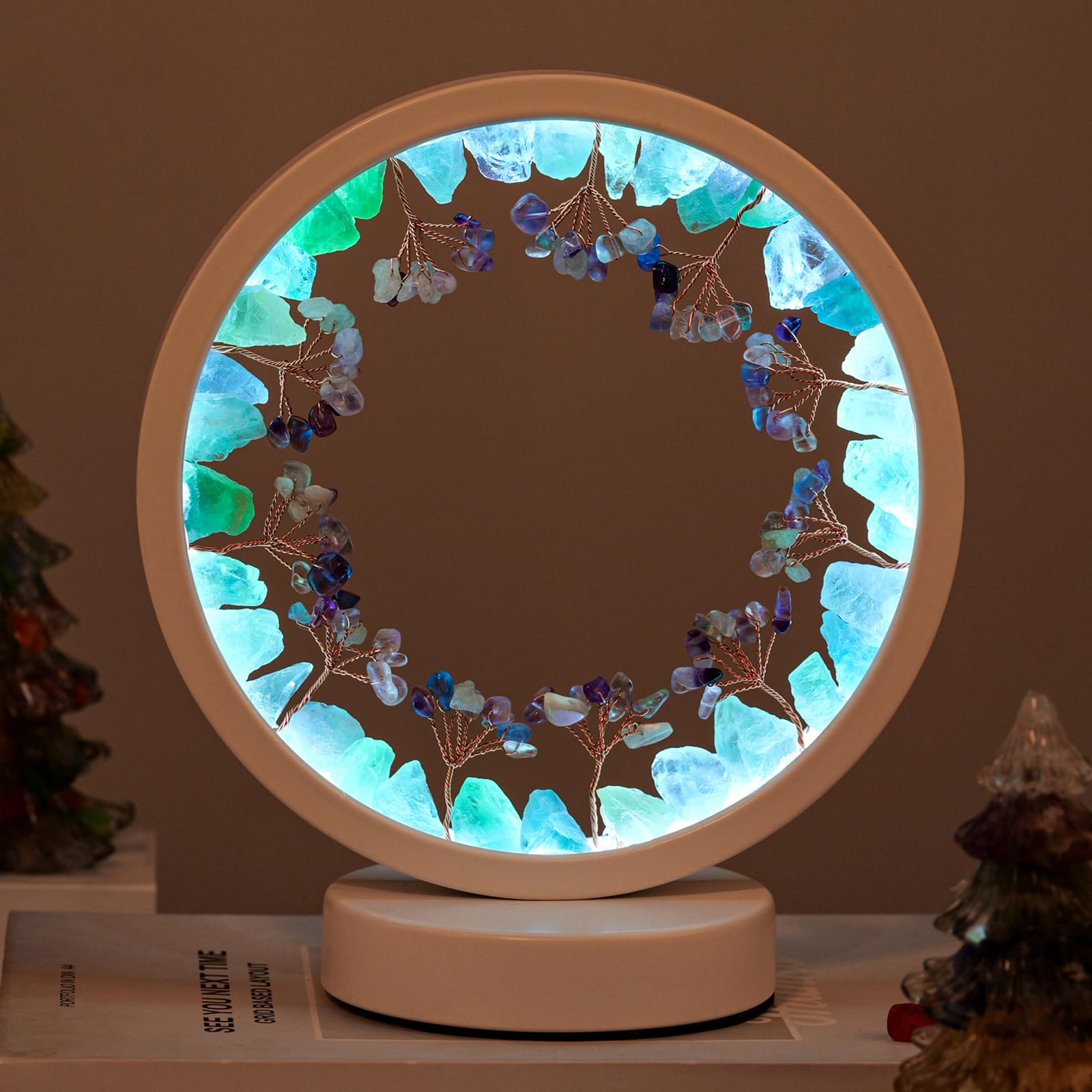 Runyangshi Natural Crystal Green Fluorite Small Tree Round White Frame Tri-Color Ambient Light Home Decoration Night Light Gift
