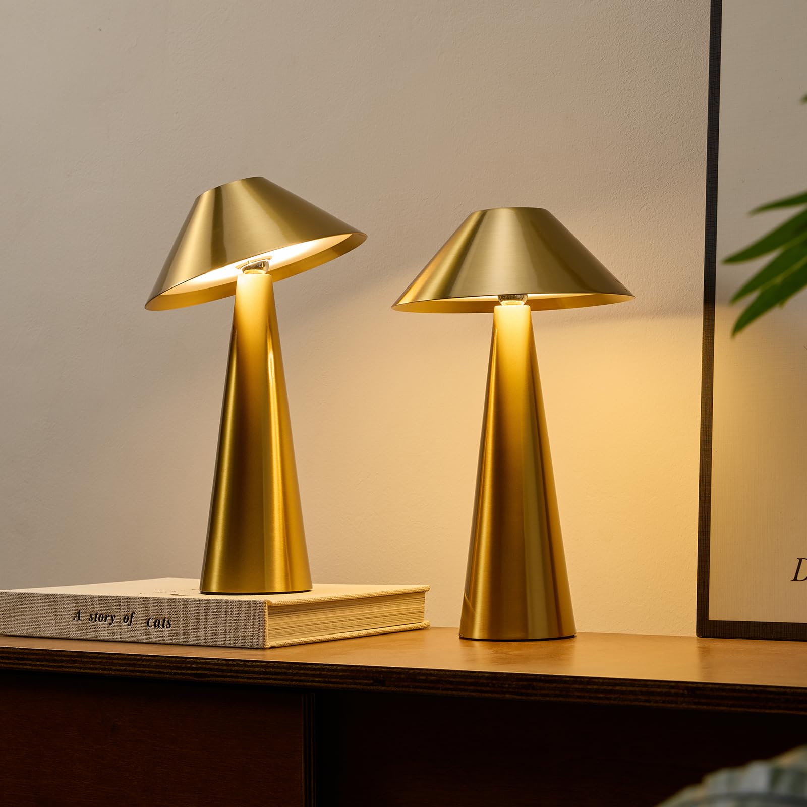 Bojim Cordless Battery Lamp Set Of 2, Gold Portable Lamp With Rotatable Magnetic Lampshade, 3 Color Stepless Dimming, Great For