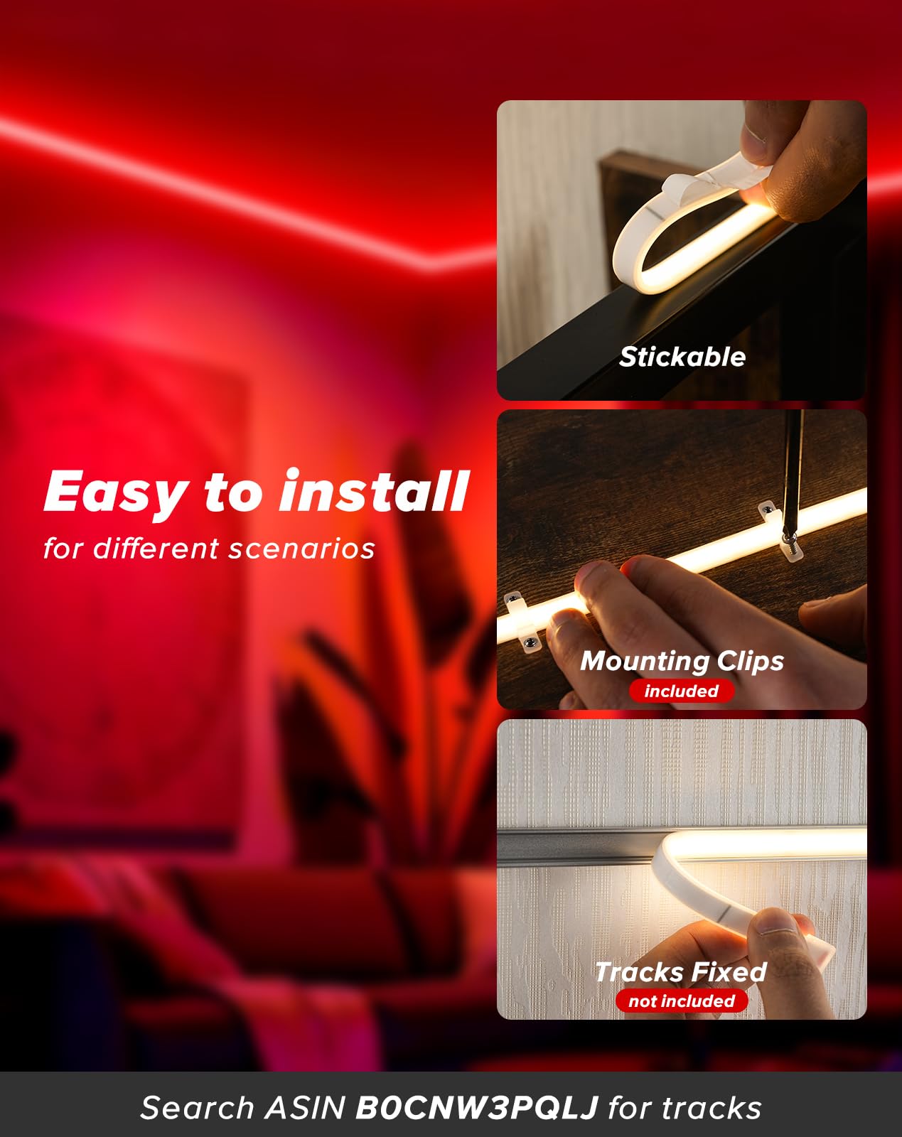 Shine Decor Cob Led Rope Light Ac 120V  800Lm Ultra Bright  Ip65 Waterproof Cold-Resistant Etl Neon Strip  No Driver Tape Lighting For Home Commercial 10X4.5Mm  Red  50Ft