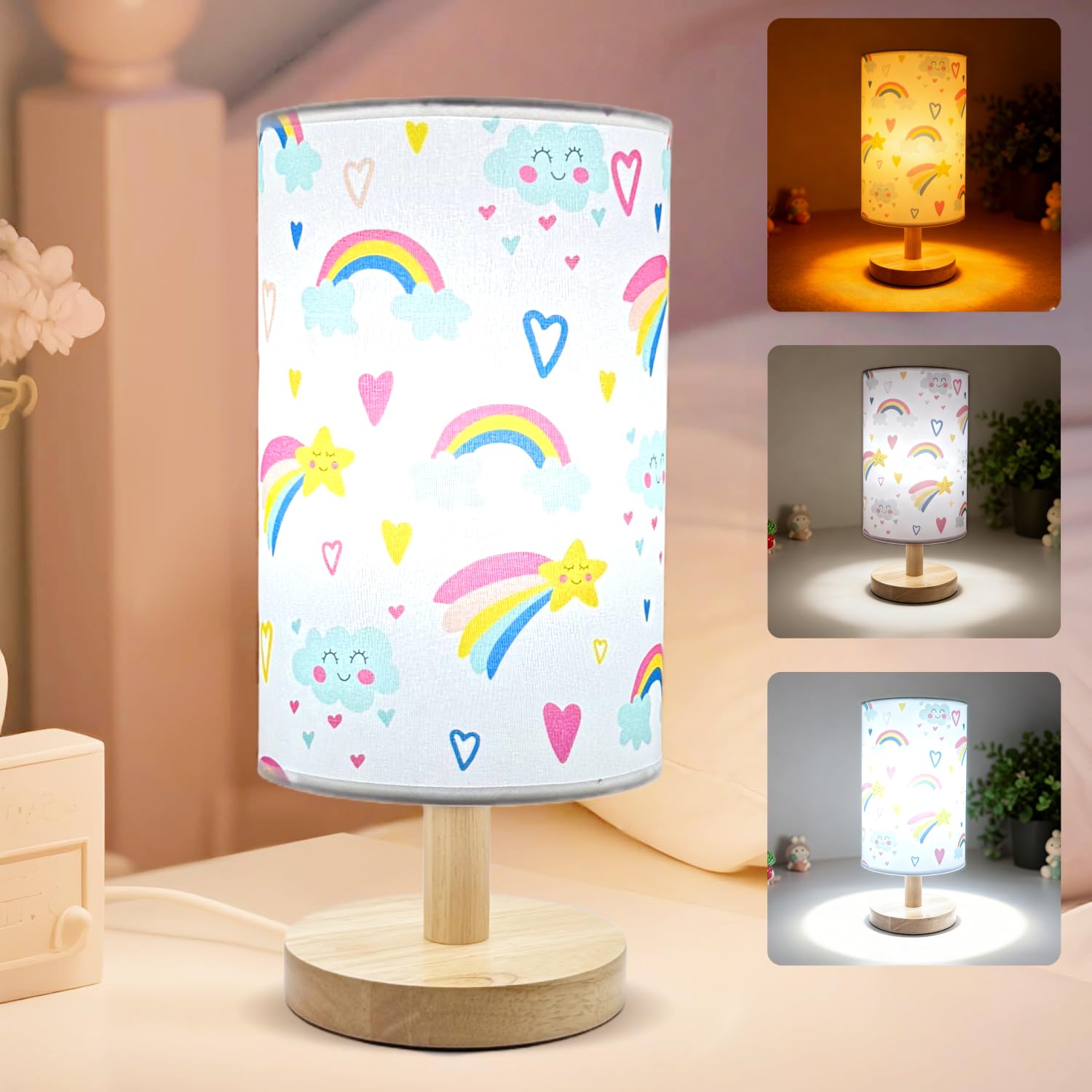 Rainbow Lamp for Girls Bedroom,Gifts for Girls-3 Color Modes Nightstand Night Light Lamp,Wood Base Flaxen Fabric Shade Desk Read