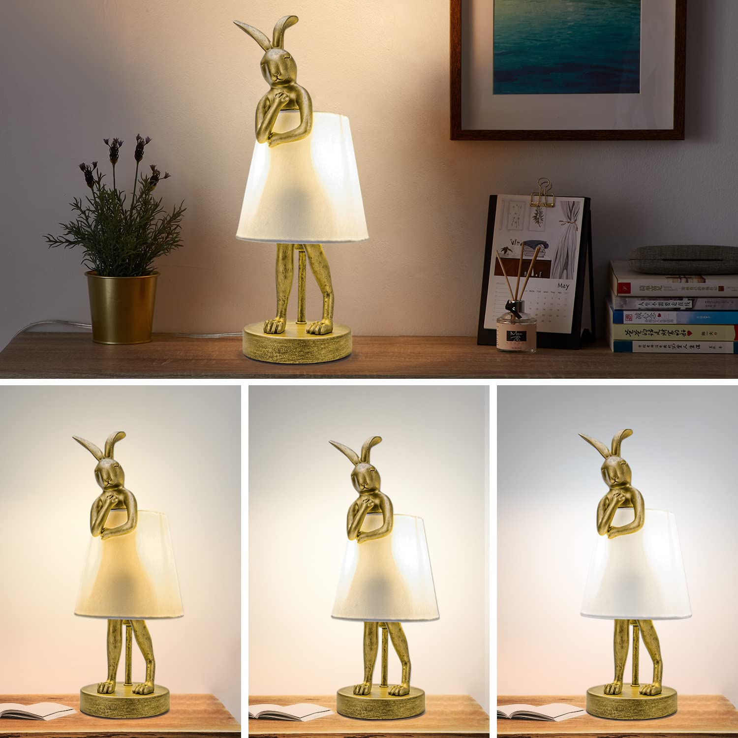 Jgoewbj Bunny Table Lamp, Resin Rabbit Desk Light, Animal Lamps With Linen Shade, Vintage Antique Gold Main Part (White Lamp Shade)