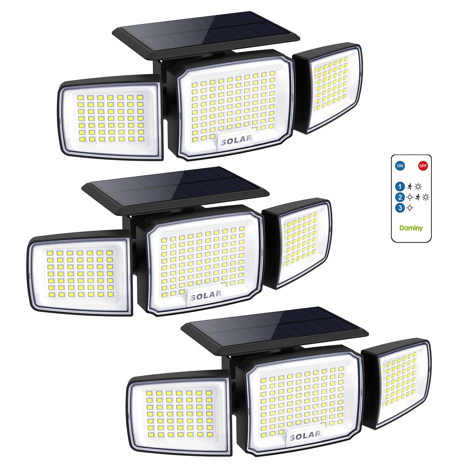 DAMINY Solar Security Light with Motion Sensor Super Bright LED Solar-Motion Lights Outdoor Waterproof Easy Install 3 Heads 270Wide Angle Flood Light with 3 Lighting Modes-3 Pack