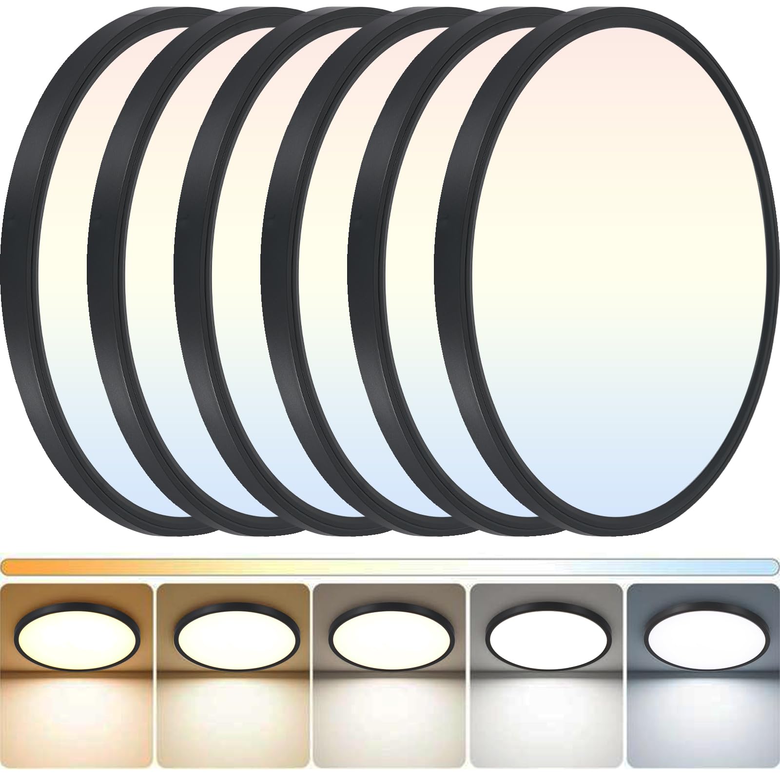 DINGLILIGHTING 6-Pack LED Flush Mount Ceiling Light 12in 24W Dimmable 5CCT Plastic Black