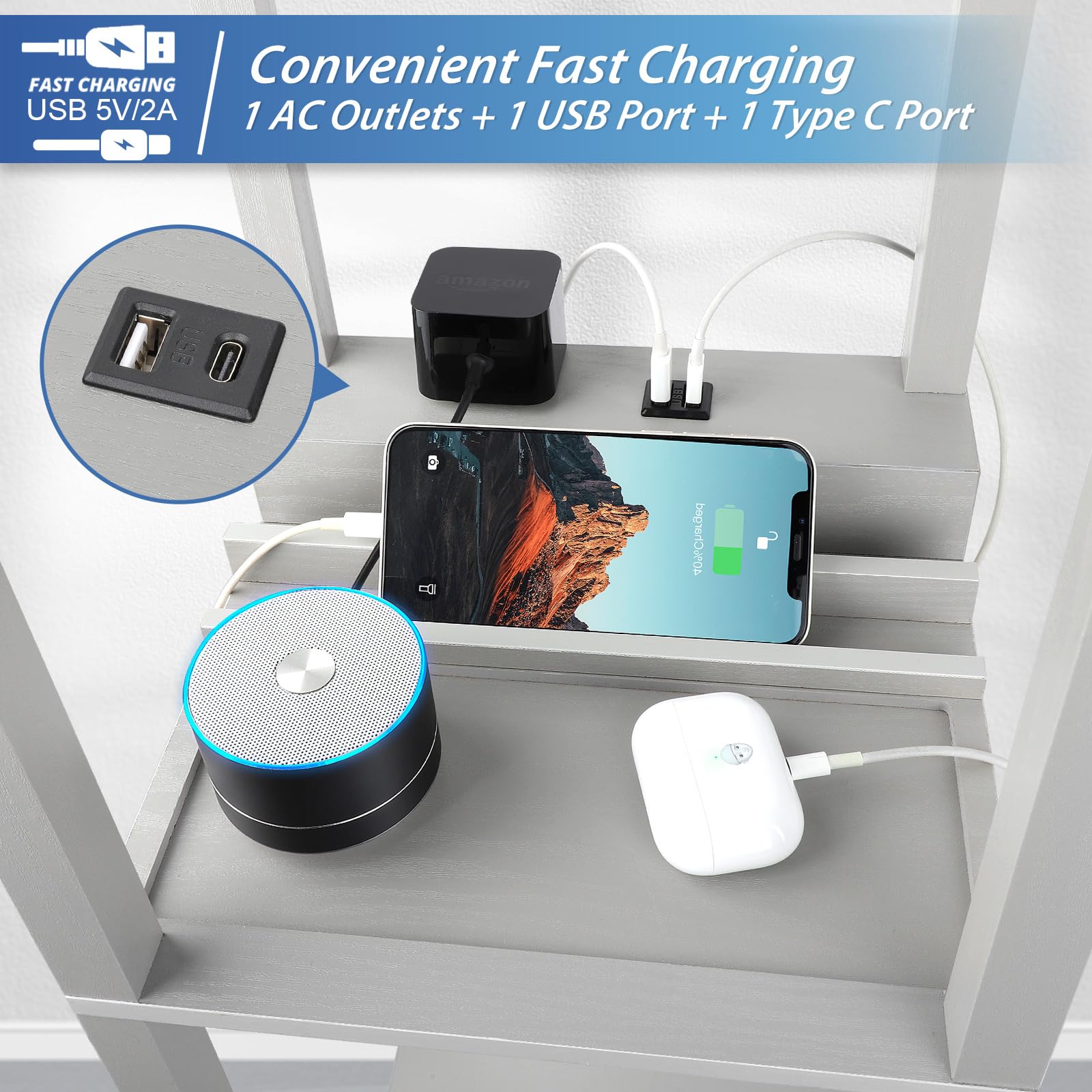 Shine Hai Shelf Lamp, Modern Standing Ligths With 2 Usb Ports And 1 Power Outlet, 3-Tiered Display Floor Lamps With Shelves For