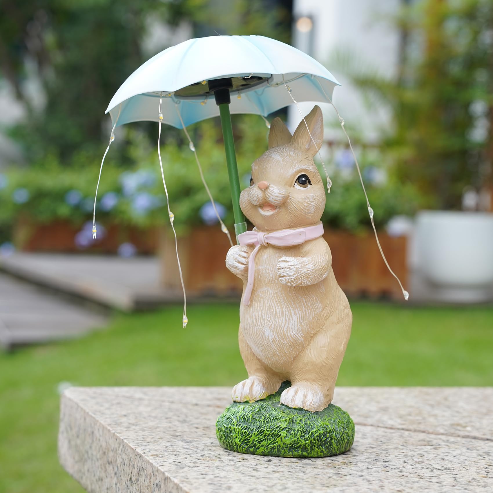 Mininova Solar Garden Statues Outdoor Rabbit Figurine With Umbrella Led String Lights For Outside Yard Decorations Gifts For Bir