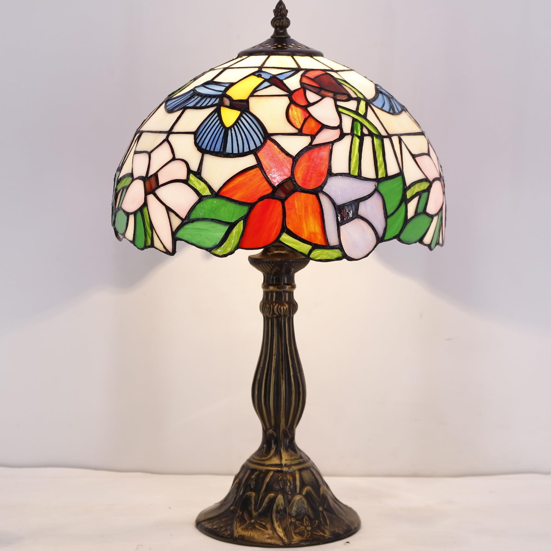 WERFACTORY Tiffany Lamp Stained Glass Hummingbird Style 12x12x18 Inches Glass Bedside Table Desk Light