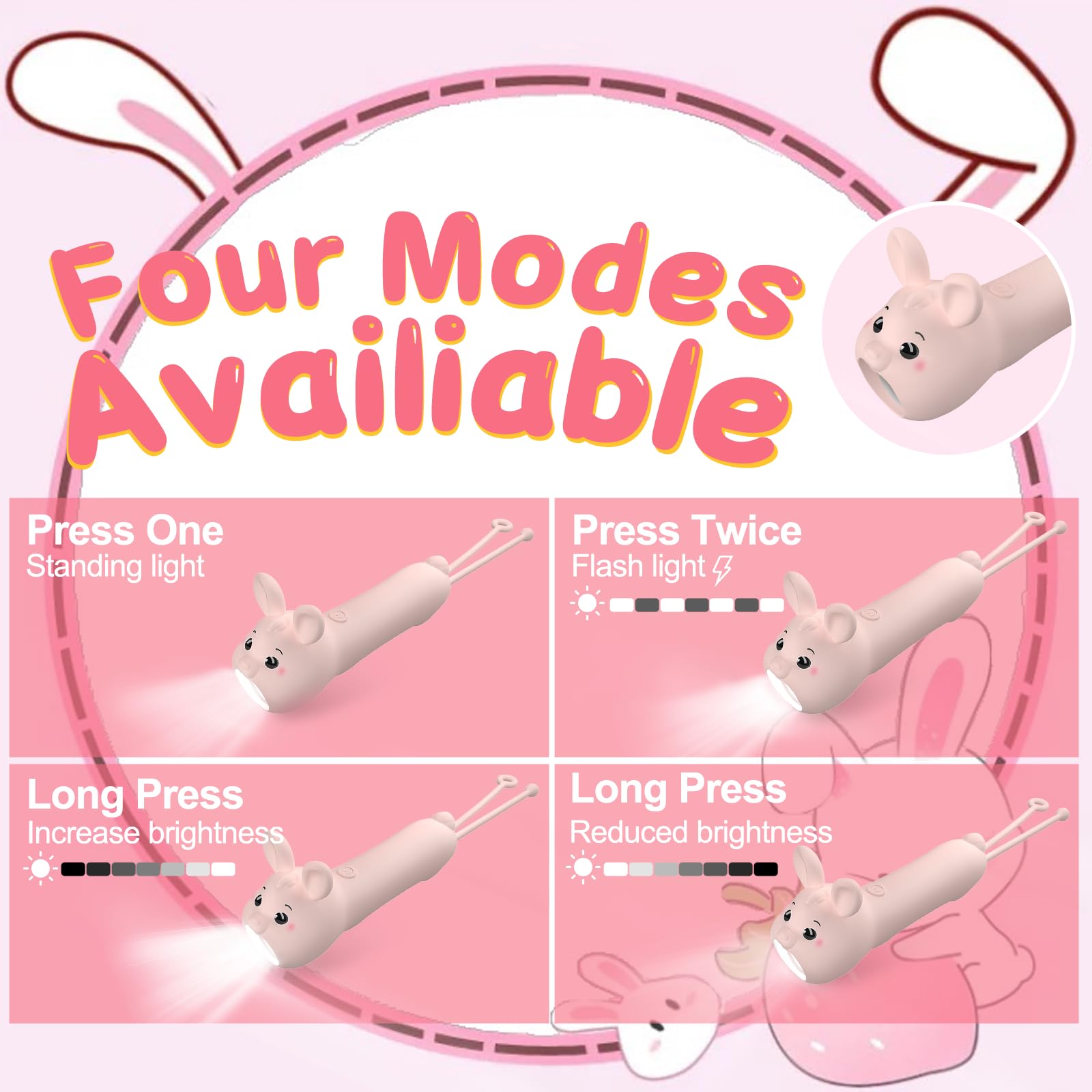 Tremdwoto Cute Bunny Flashlight - Rechargeable LED for Kids, Pink Bunny Design, Ideal for Camping & Outdoor Adventures