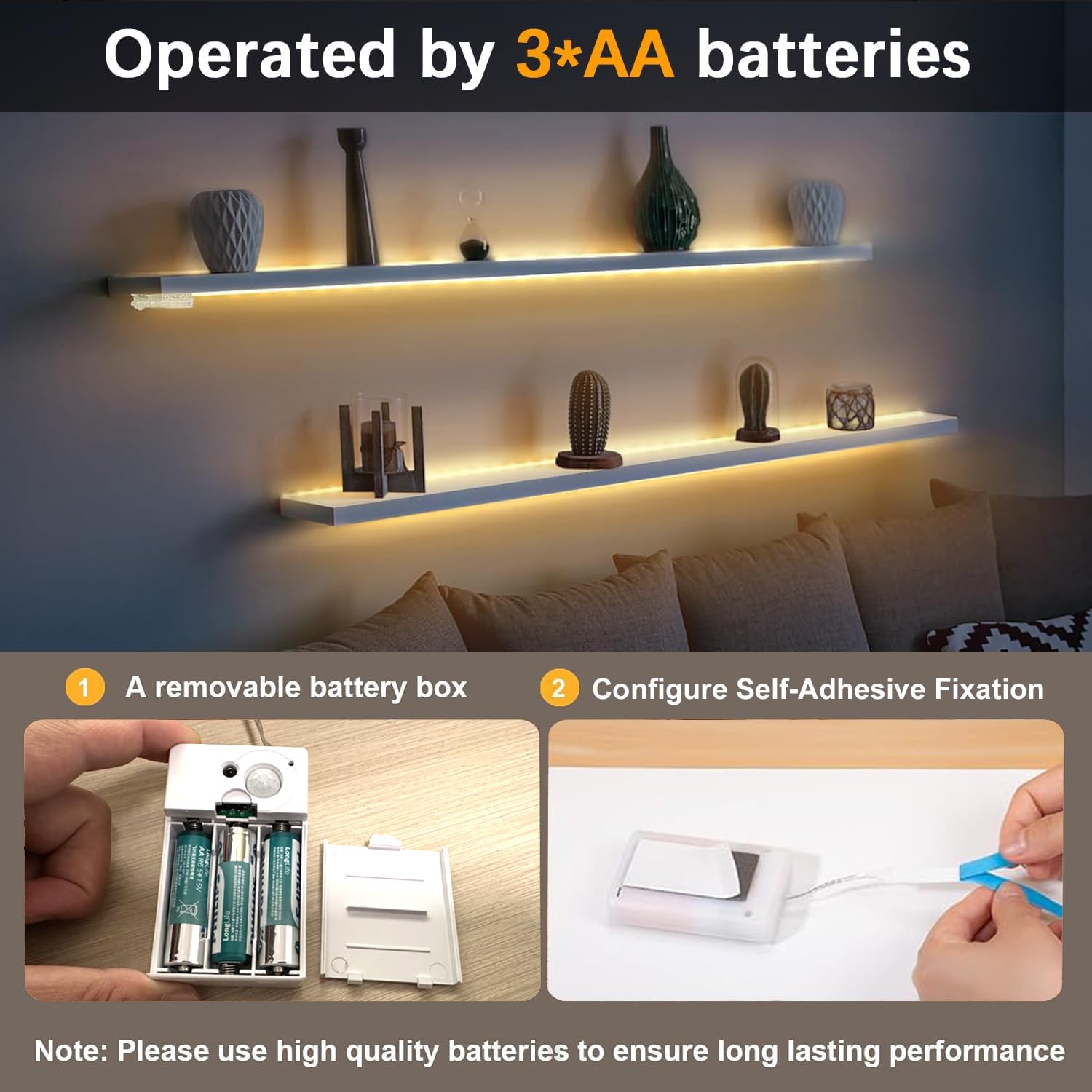 EJ's SUPER CAR Battery Operated Motion Sensor Cabinet Strip Lights, 4.92FT Warm White, 3 Pack, Plastic, KQ-NL-LED