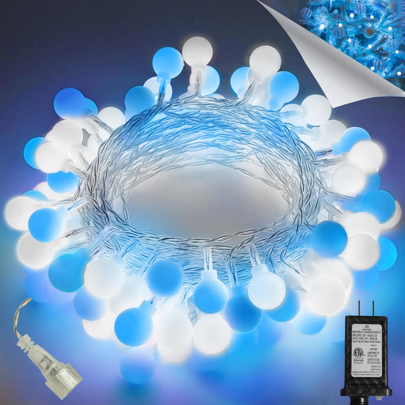 LORRYTE 100 LED Connectable String Lights, Blue and White Globe, Indoor Outdoor, 13 Modes with Timer, Model GP-SW290DC0209-IP44