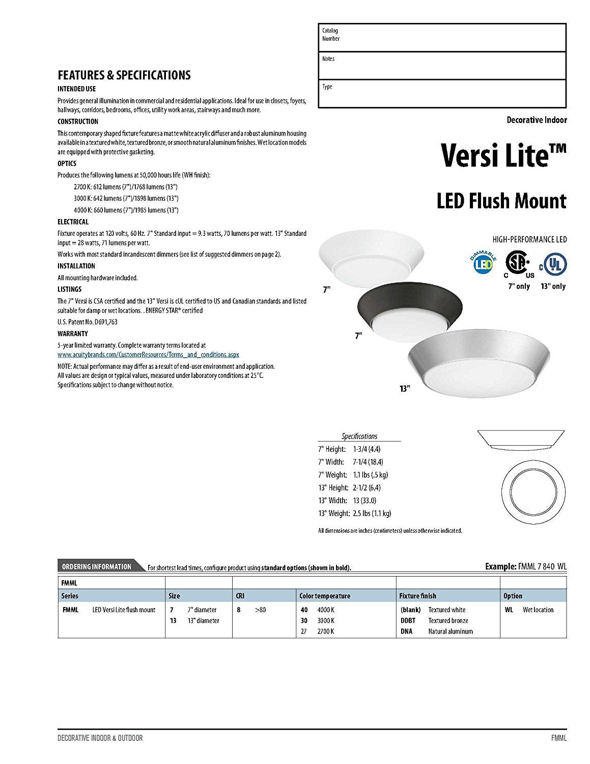 Lithonia Lighting 13in Round LED Flush Mount Ceiling Light, Dimmable, White, Alloy Steel, Model FMML 13 827