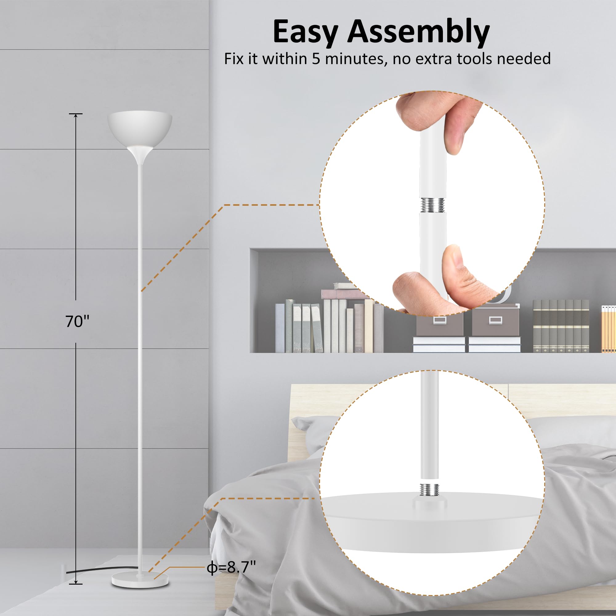 PESRAE Floor Lamp with Remote Control, Stepless Color Temperatures, Matte White, Model MF3601, Bulb Included