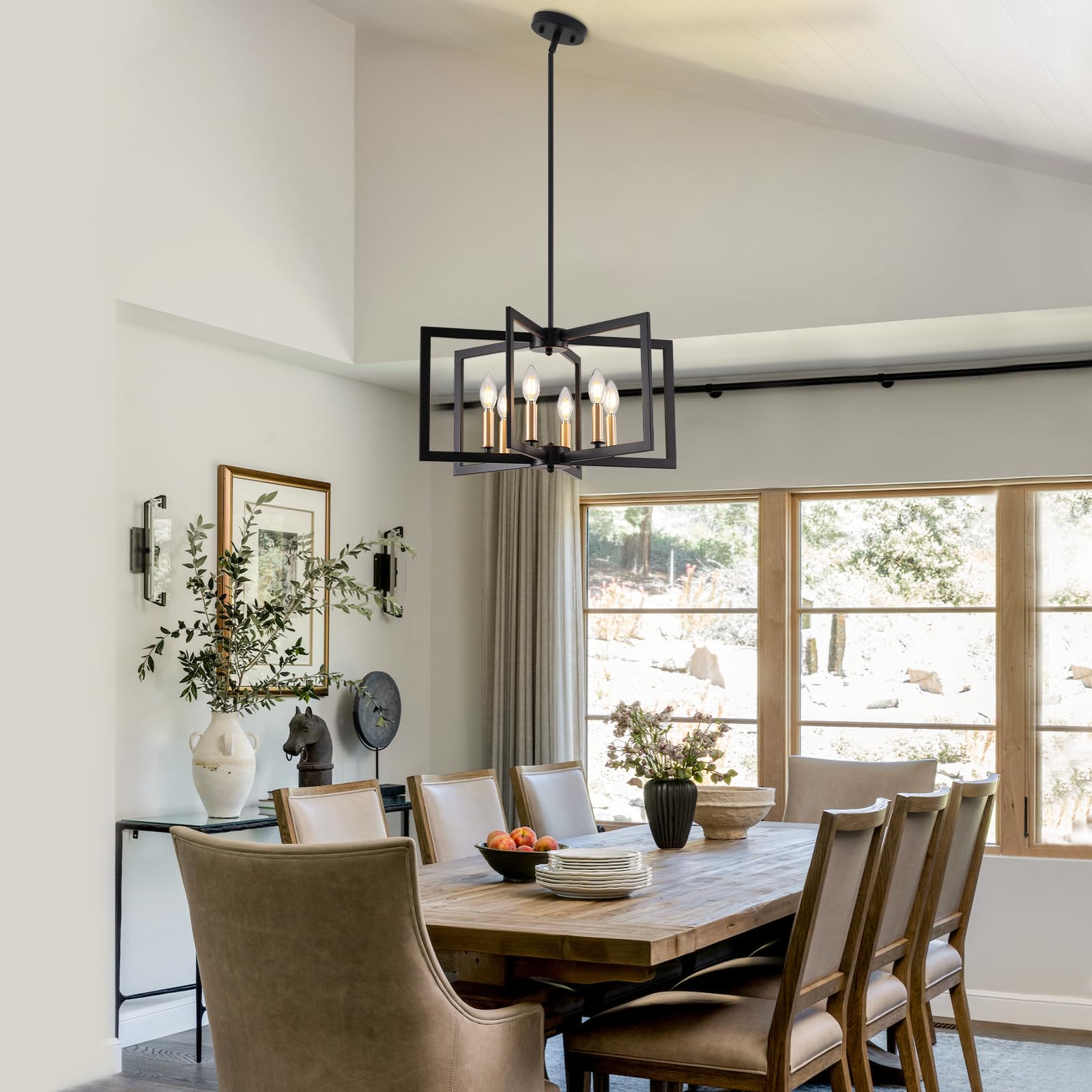 MIAYBPH Black Chandelier, 6-Light Geometric Metal Fixture for Dining Room, Modern Industrial Design, E12 Bulbs Not Included
