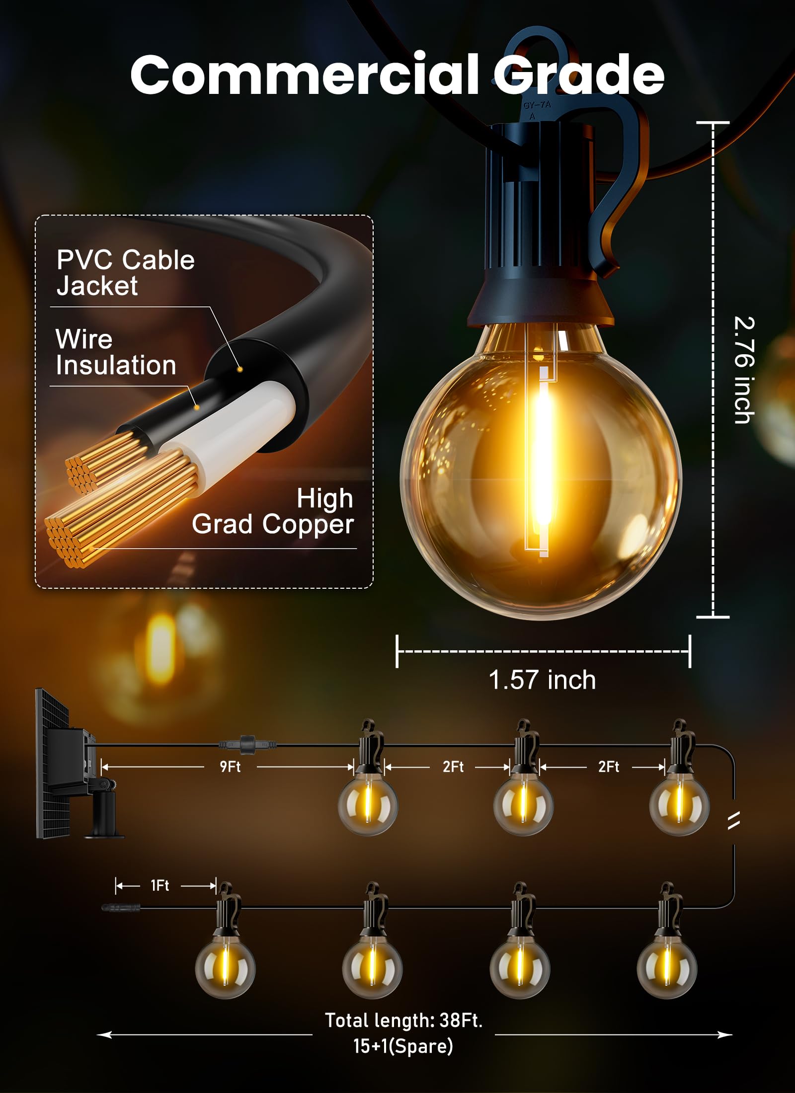 Brightown Solar String Lights 38FT with Remote, 16 Shatterproof Bulbs, Dimmable, 3 Light Modes, Black, Model GY-S-C15