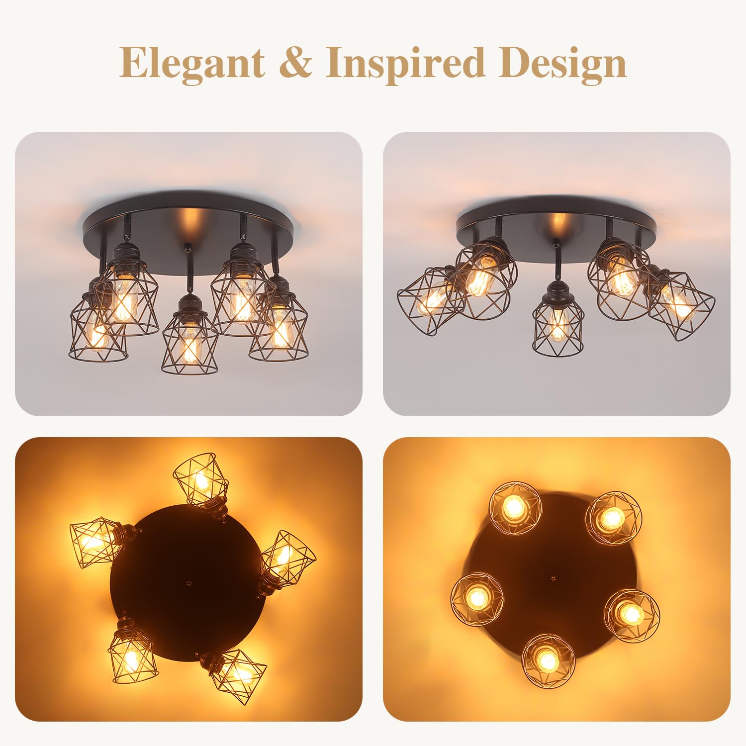 5-Lights Kitchen Light Fixtures Ceiling Mount, Adjustable Multi-Directional Black Flush Mount Ceiling Light, Retro Metal Cage Fa