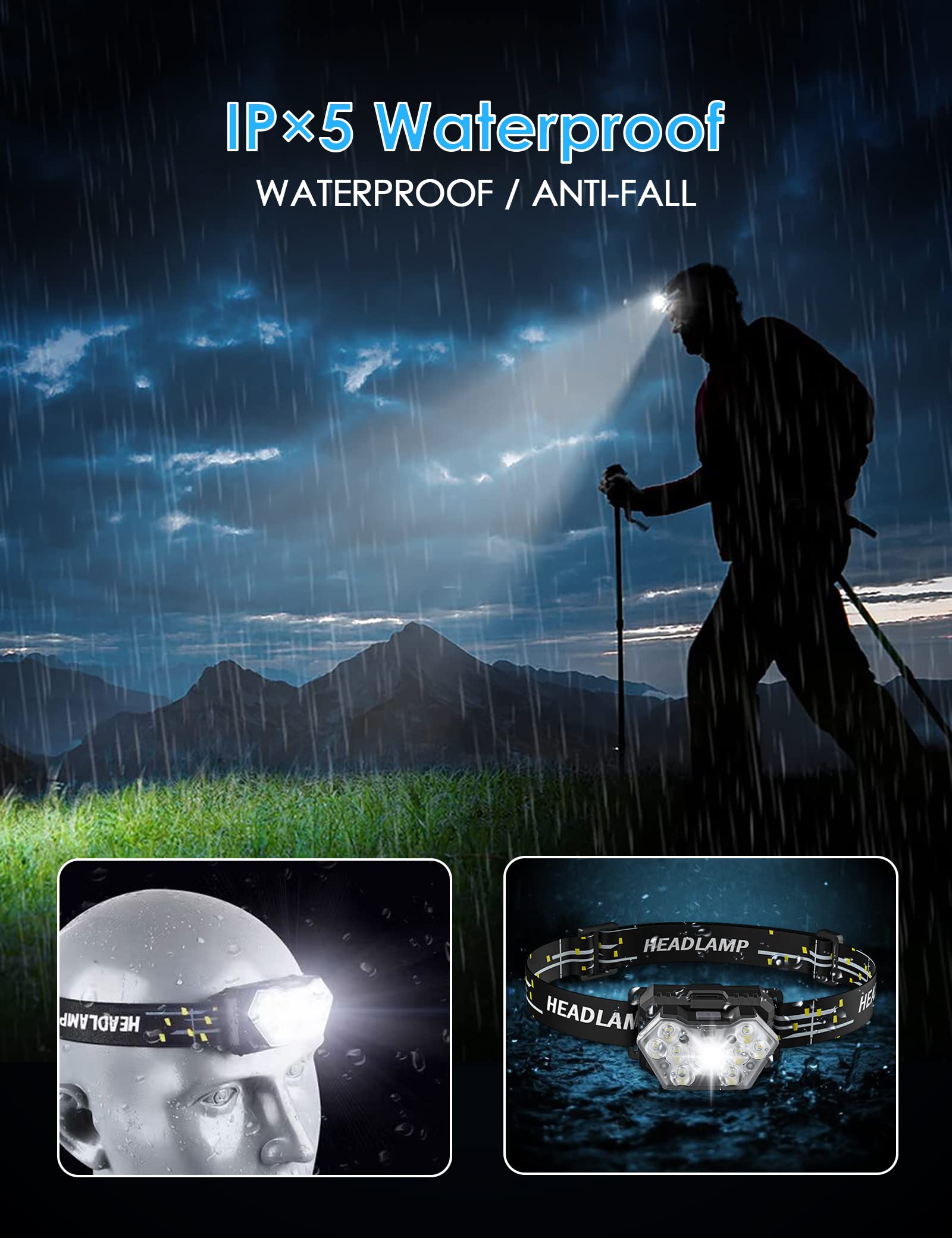 Lsnisni 9 LED Headlamp, 2000 Lumen, 6 Modes, IPX5 Waterproof, Lightweight, AAA Size, 2 Pack