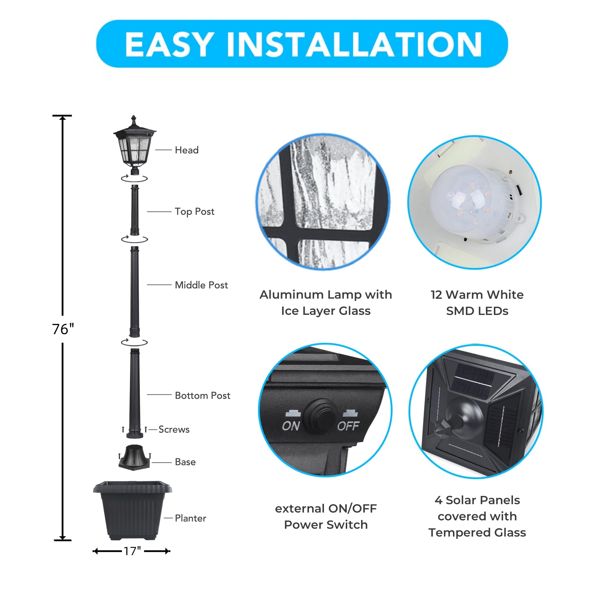 Kemeco Solar Post Light ST4311AHP - Dusk to Dawn Outdoor Lamp with Planter, Black, for Lawn, Garden, Patio, Deck, Walkway Decor