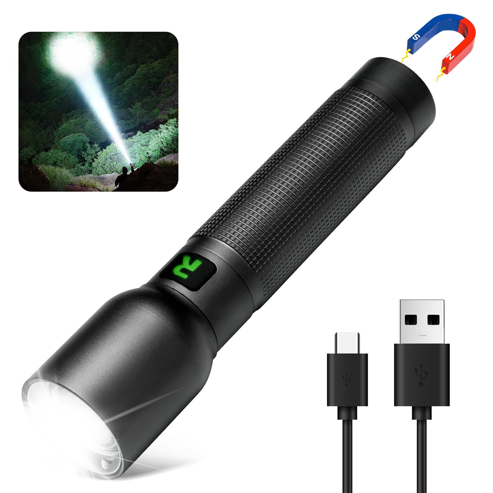 TECBOTT Rechargeable Flashlight 10000 Lumen LED Tactical 3 Modes Zoomable Standard Magnetic-Black Model TC-1118A