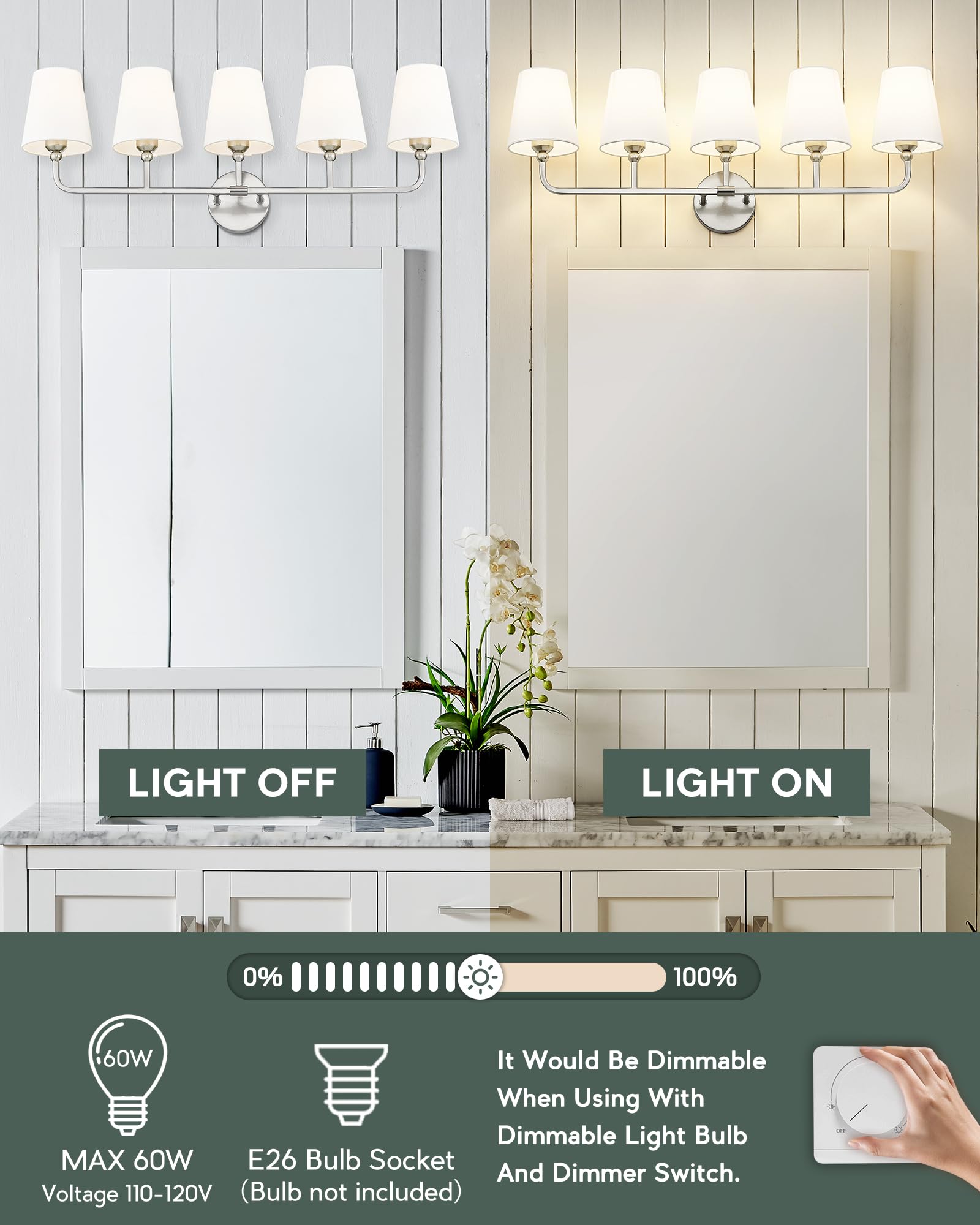 Metwet Bathroom Light Fixtures, 5 Light Brushed Nickel Vanity Lights With Flared White Fabric Shade, 35 Inch Wall Sconce, Modern