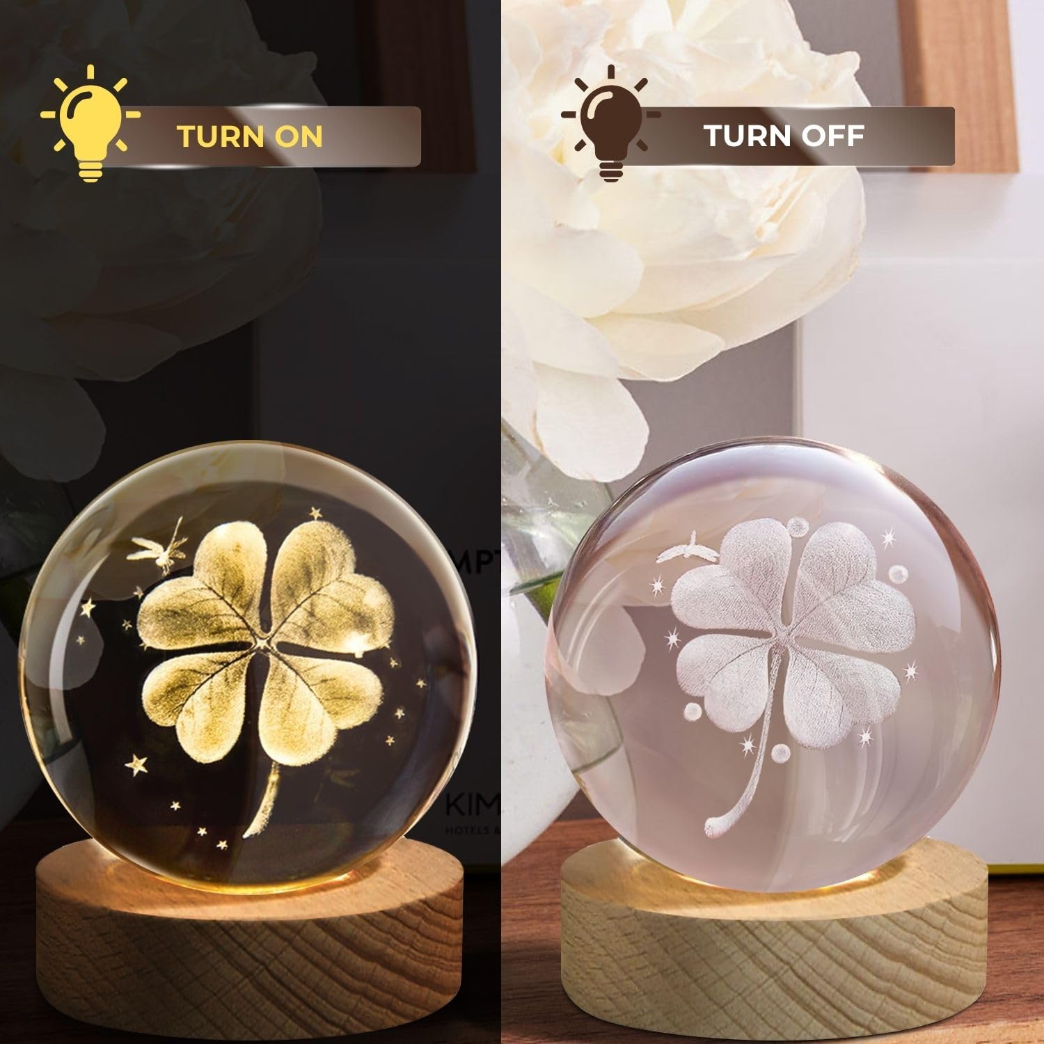 Flexzion 3D Clover Crystal Ball Night Light - Led Light Hologram Glass Lamp With Solid Wood Base  Usb Powered Crystal Ball Lamp With Adjustable Brightness For Home Decor Display Gift  2.4Inch(60Mm)