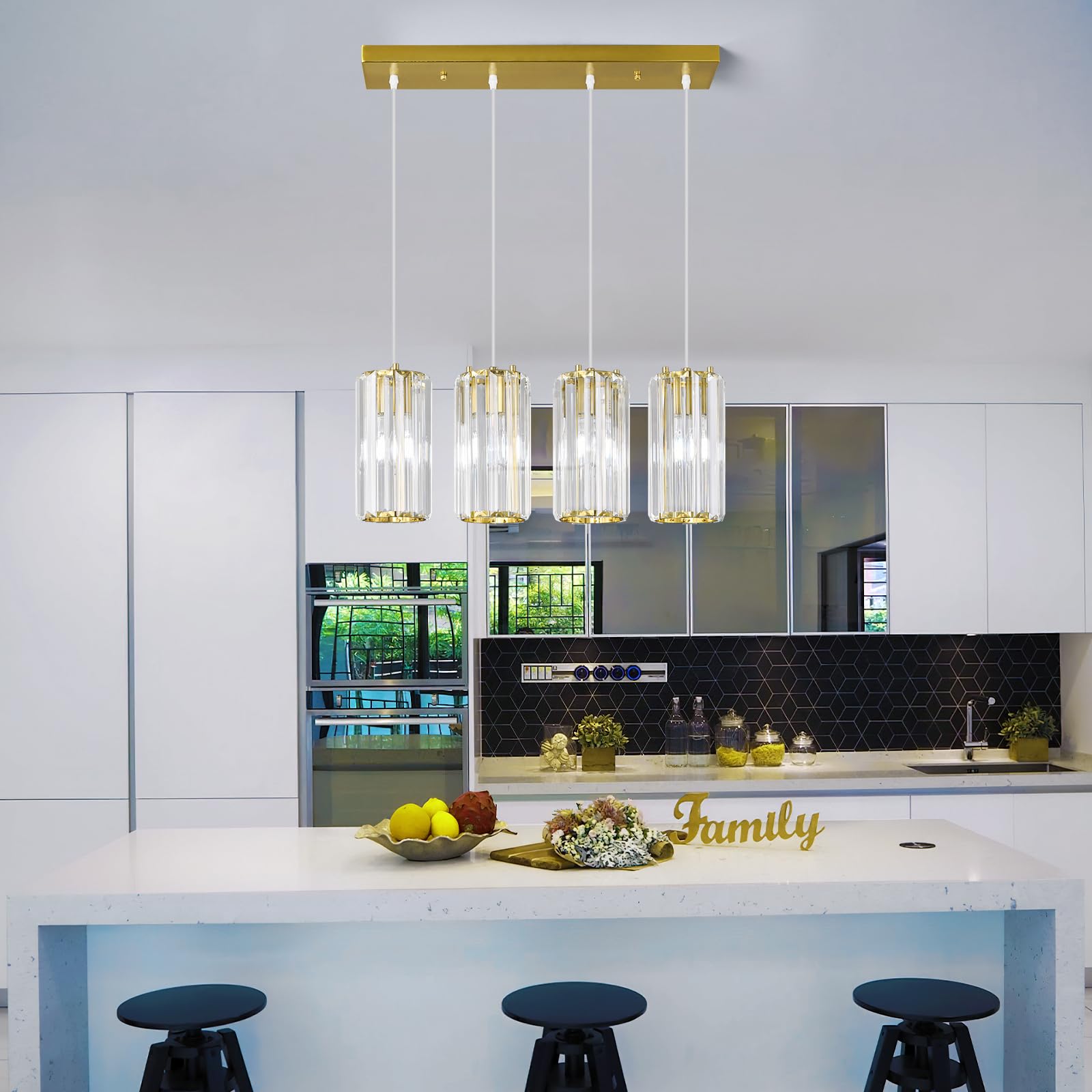 zhllmq Gold Pendant Light Fixture - Modern Mini Crystal Chandelier, Adjustable 4-Light for Kitchen Island, Dining Room, Bedroom