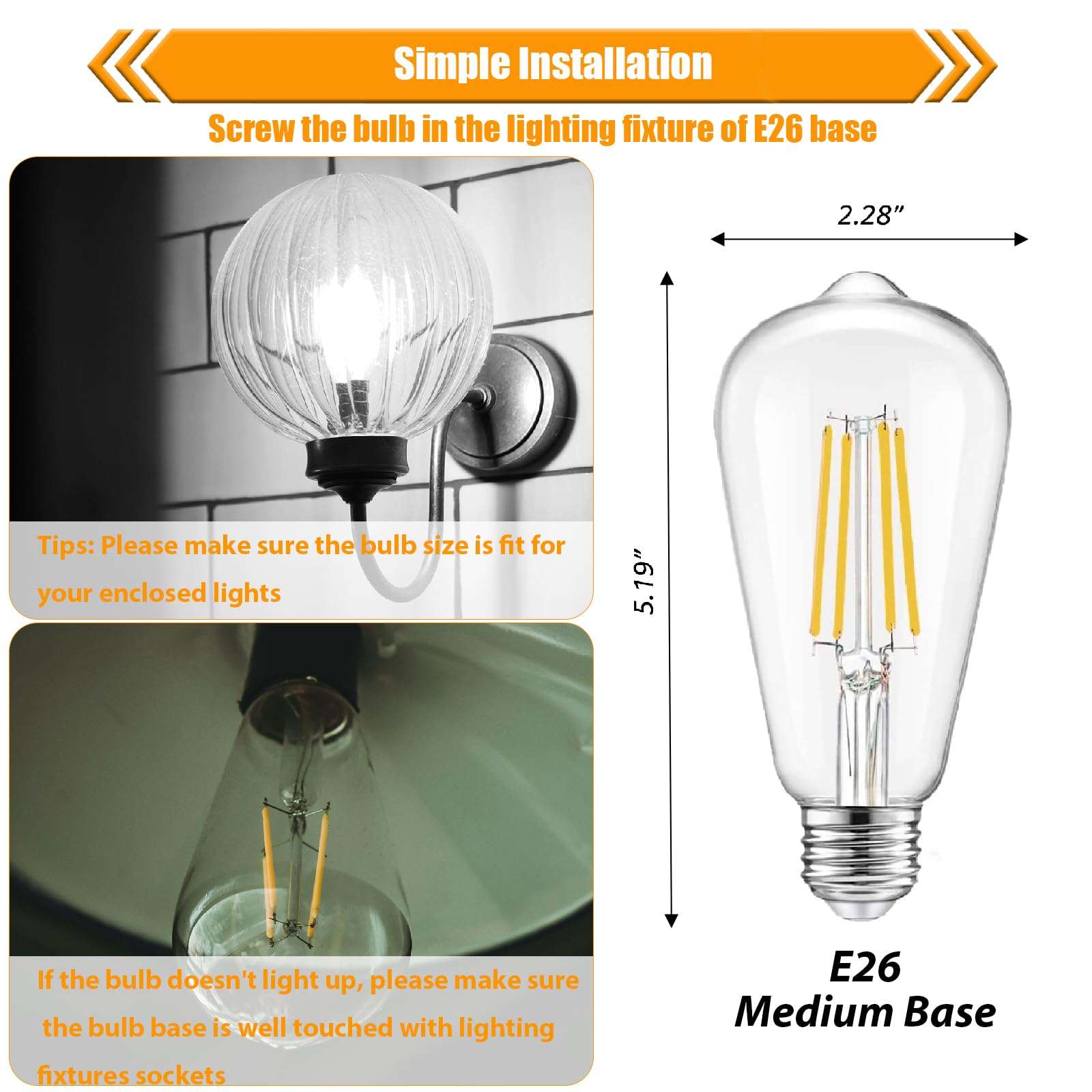 Winsaled 12 Pack 4000K Cool White Dimmable Led Light Bulbs 40W Equivalent, E26 Base Edison Bulbs 40 Watt, Vintage 4W Led Bulbs,