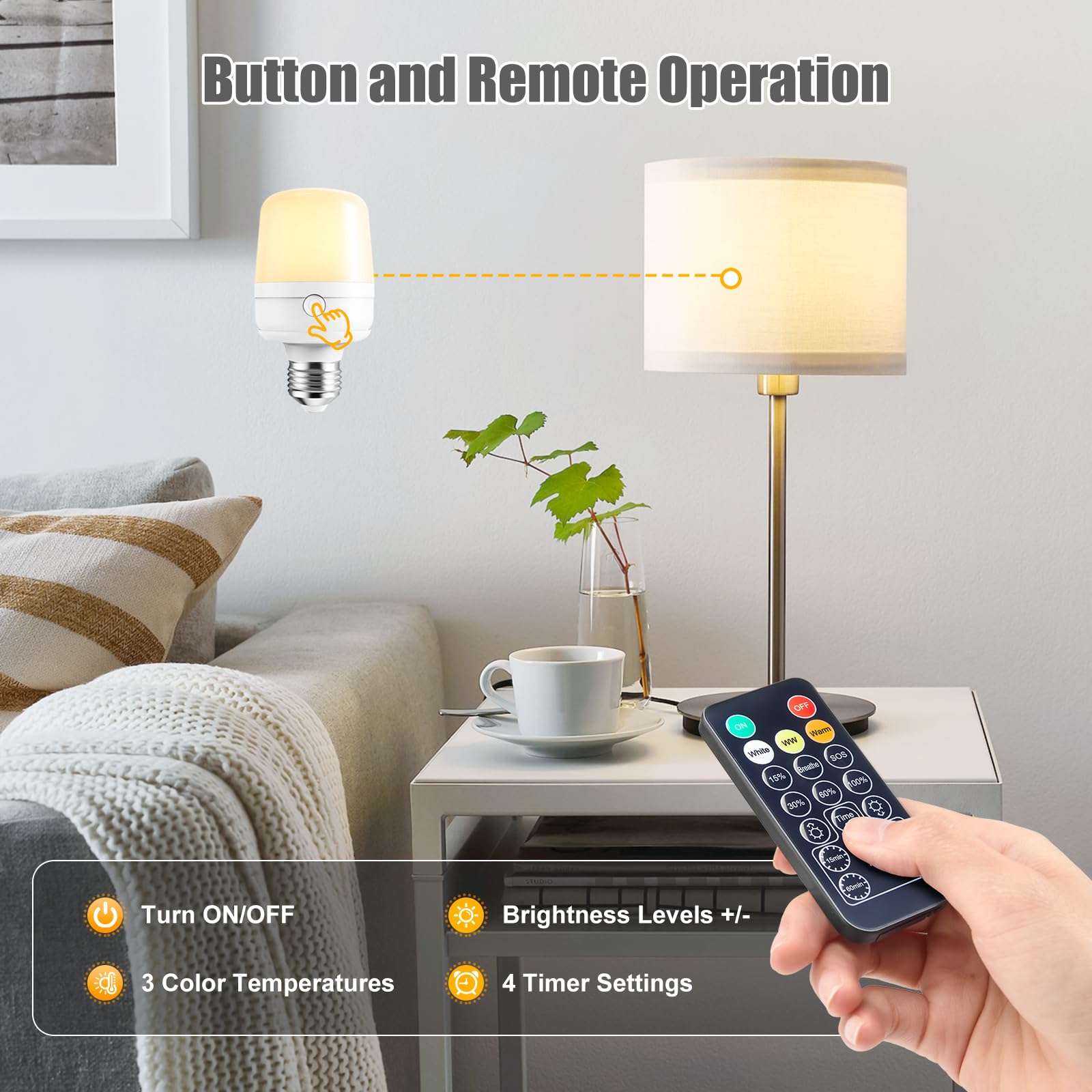 Brightown E26 Rechargeable Light Bulb with Remote & Timer, Dimmable 3 Color Temperatures & 9 RGB, Battery Backup, 2 Pack
