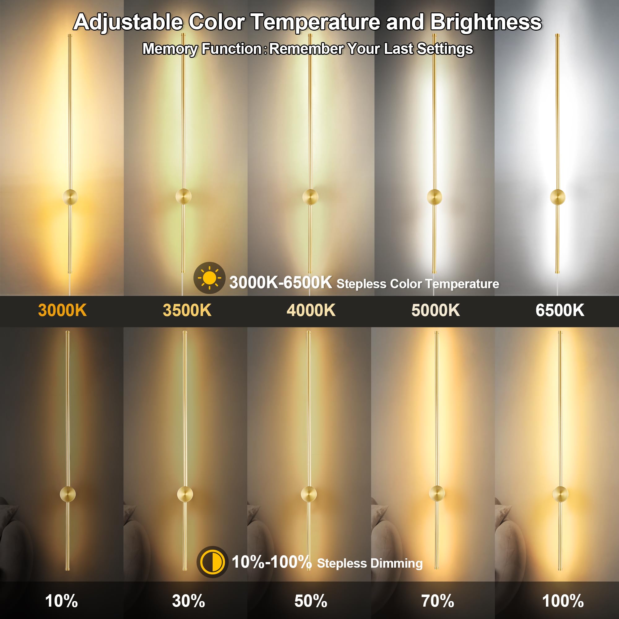 Goodate Led Wall Sconces Set Of 2 With Remote, 3000K-6500K Dimming, Gold,
