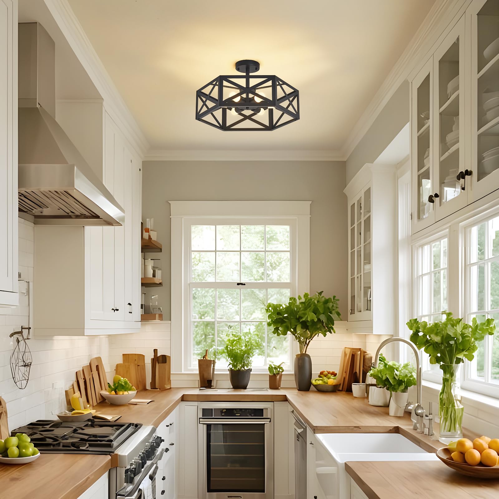 OTeedo Modern Semi Flush Mount Ceiling Light, 6-Light, Remote Control, Metal, Black, 19.7in, Model CL6H-R6