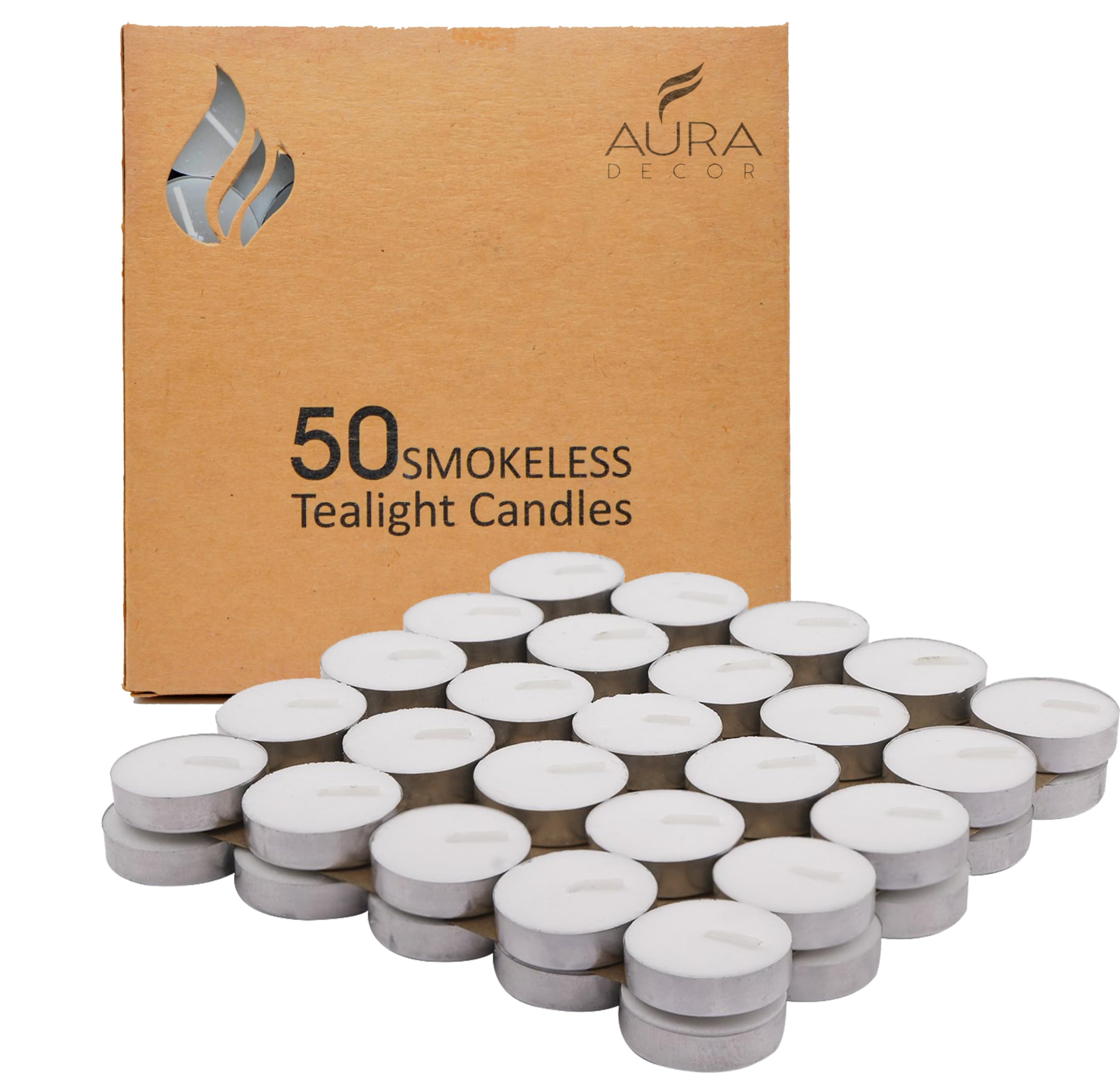 AuraDecor White Tealight Candle, Smokeless No Residue Burn Upto 3 Hour, Unscented T Light Candle for Home Decor (Set of 50 (Whit