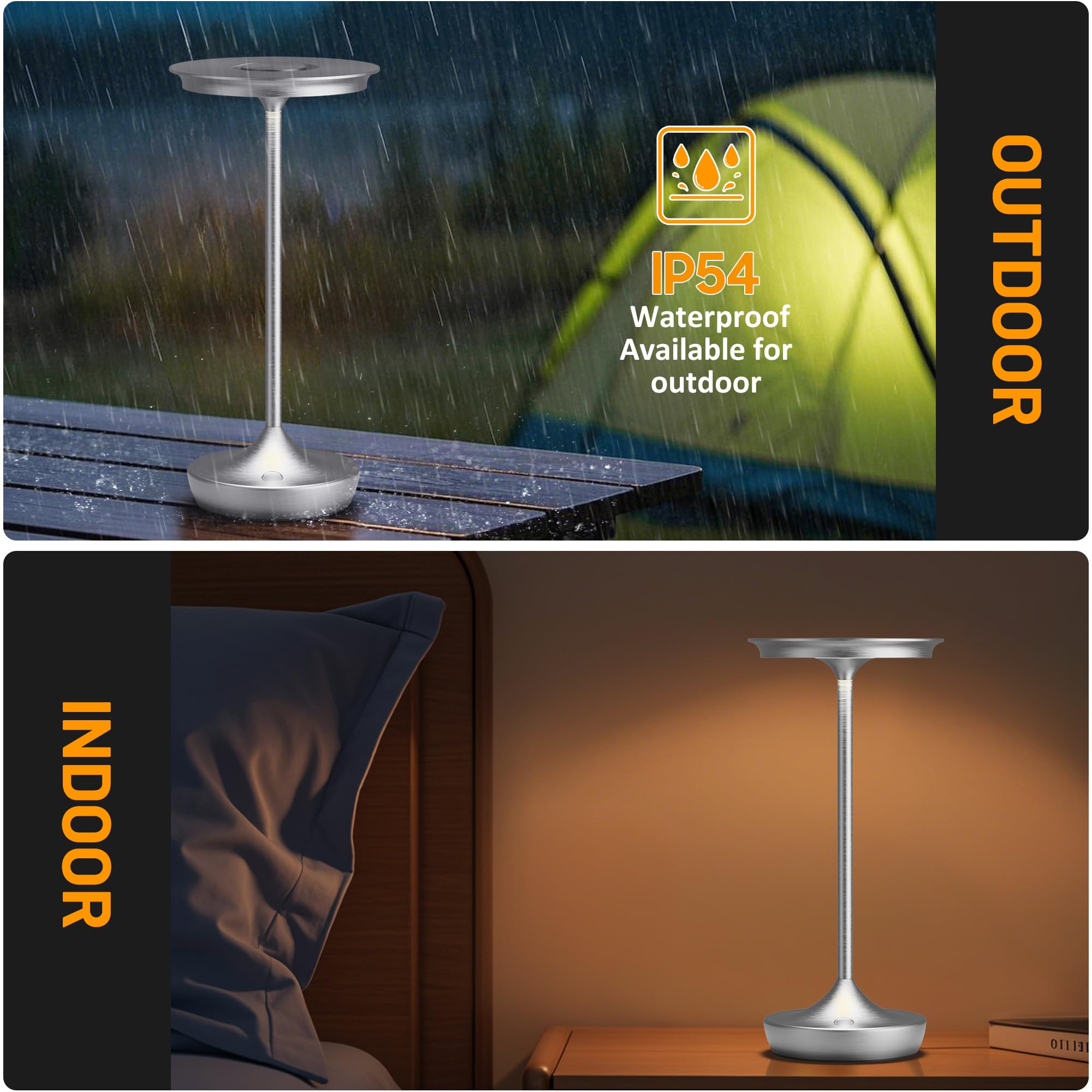 SHANGCAI LED Cordless Table Lamps - Rechargeable, 3 Color Stepless Dimming, Aluminum, 2 Pack, Silver