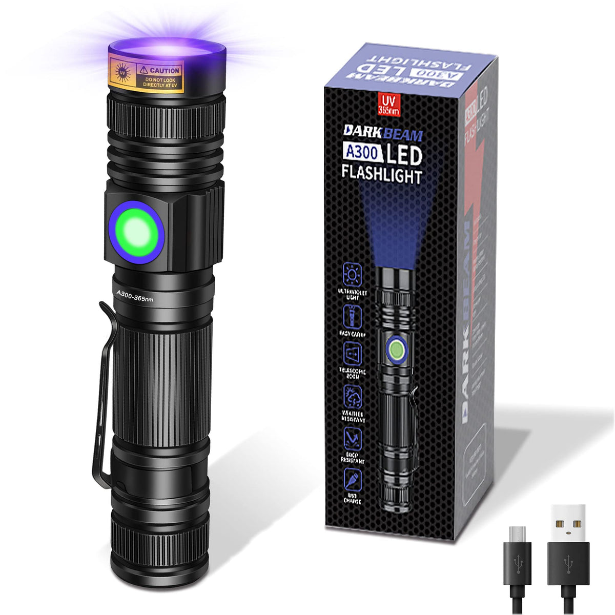 DARKBEAM UV 365nm Flashlight Blacklight Rechargeable USB, Wood's lamp Handheld Ultraviolet Black Light LED Portable, Pet Urine D