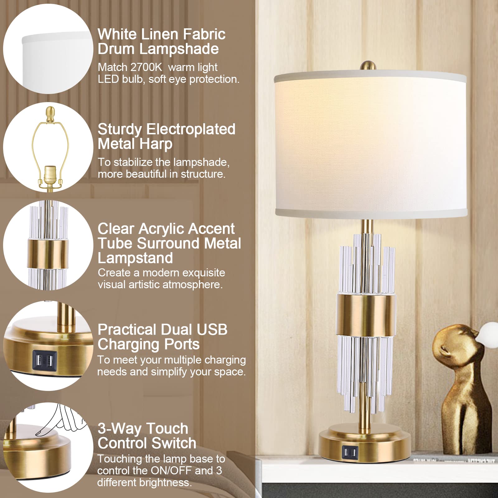 QiMH Gold Table Lamp with USB Ports, Touch Control, Modern Design, Single Pack, White Shade, Model STR-DL-0096