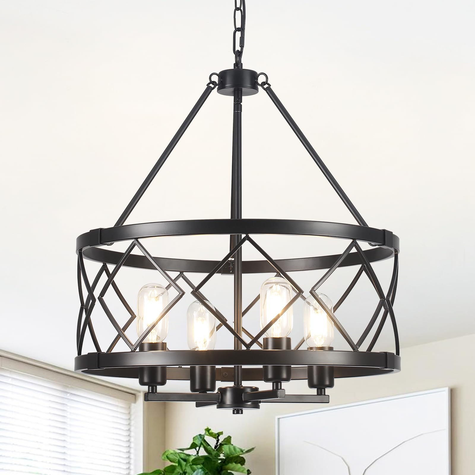 LJHhowe 17.71'' Farmhouse Rustic Chandelier for Dining Room Light Fixture Ceiling Mount 4 Lights Adjustable Black Kitchen Island