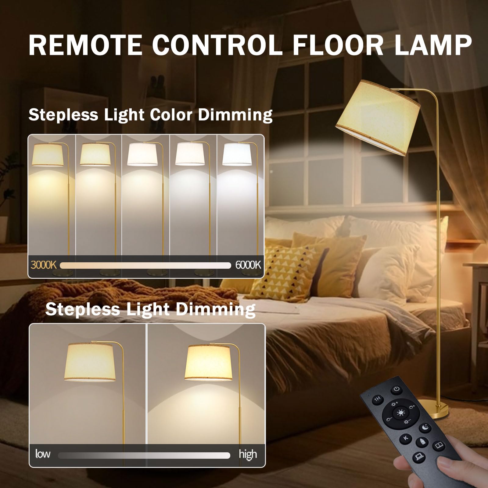 lumsic Arc Floor Lamps for Living Room, Dimmable Modern Floor Lamp for Bedroom, Remote Control Standing Lamps with Adjustable Li