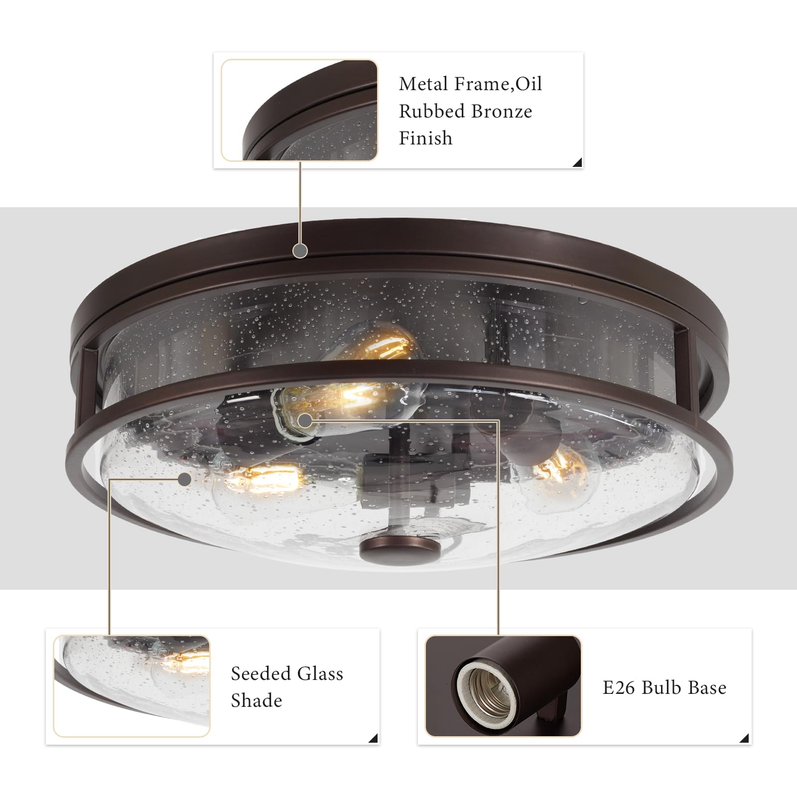 Rosient 16 Inch Large Flush Mount Ceiling Light Fixture With Seeded Glass, Bronze Round Ceiling Lamp Shade, Modern Farmhouse Ind