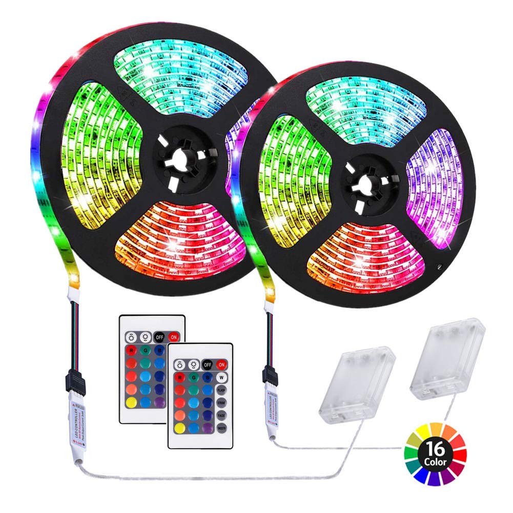 Hikenri 6.56 Feet Battery Powered Led Strip Lights, Diy Indoor And Outdoor Decoration, Waterproof, 24 Keys Remote, 2 Pack
