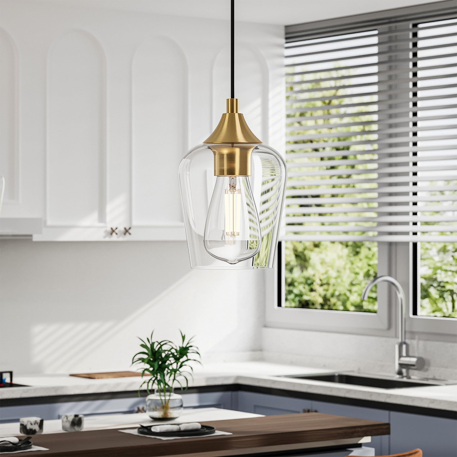 VONLUCE 5-Light Pendant Light Fixture, Modern Metal Pendant with Wine Glass Shades, Brushed Gold, Adjustable Height 10"-55"