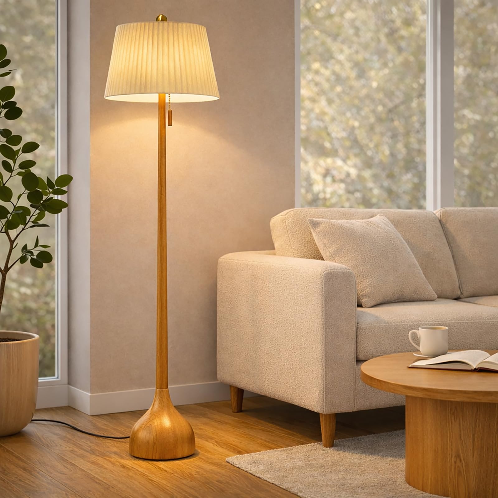 MOFFE 65 Mid Century Modern Vintage Real Wood Floor Lamp with 2 Shades for Two Looks, Sculptural Standing Lamp with Teardrop Bas