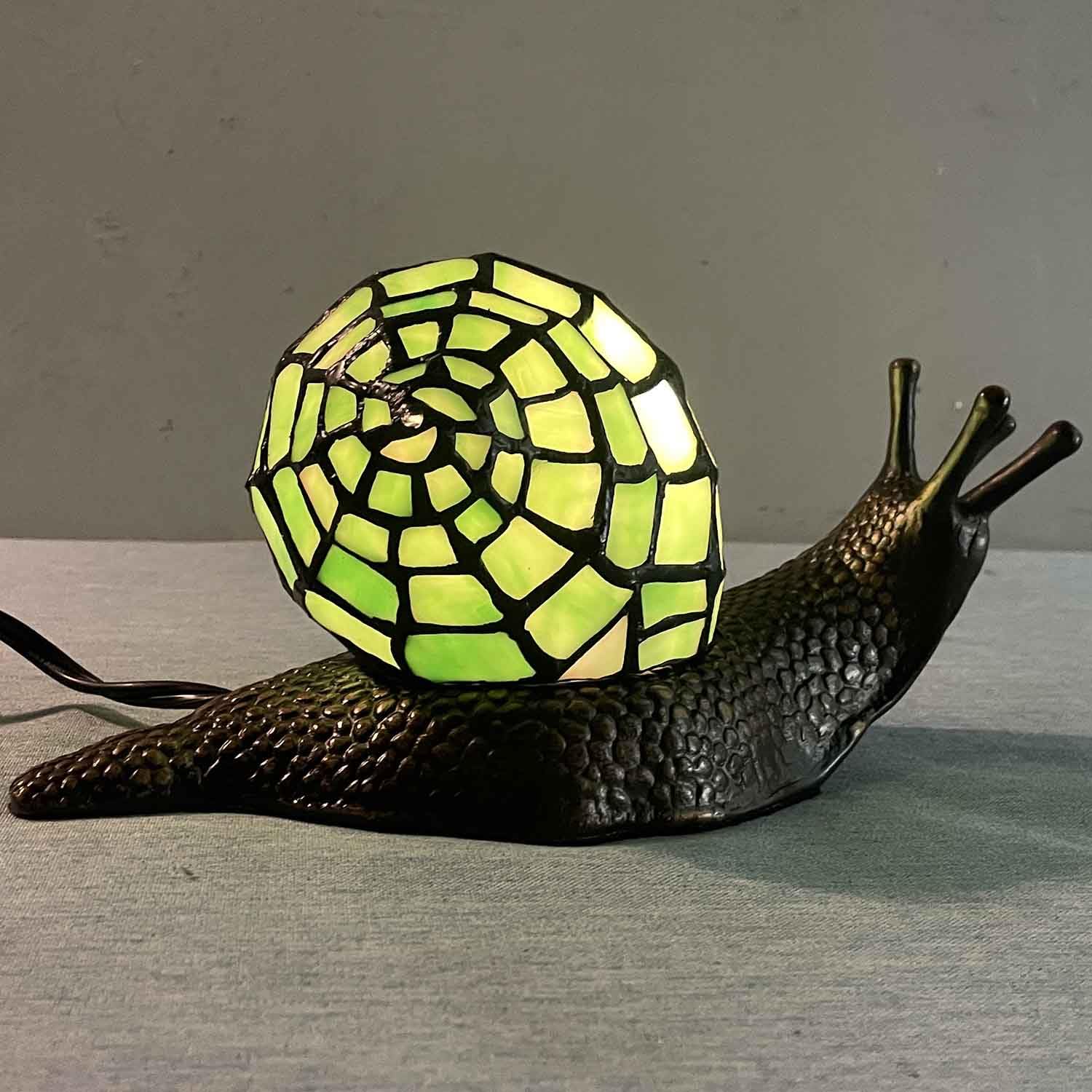 Bieye Tiffany Style Land Snail Table Lamp, Green Stained Glass, 10"D x 5"W x 5"H, Model L10964, Home Decor Accent
