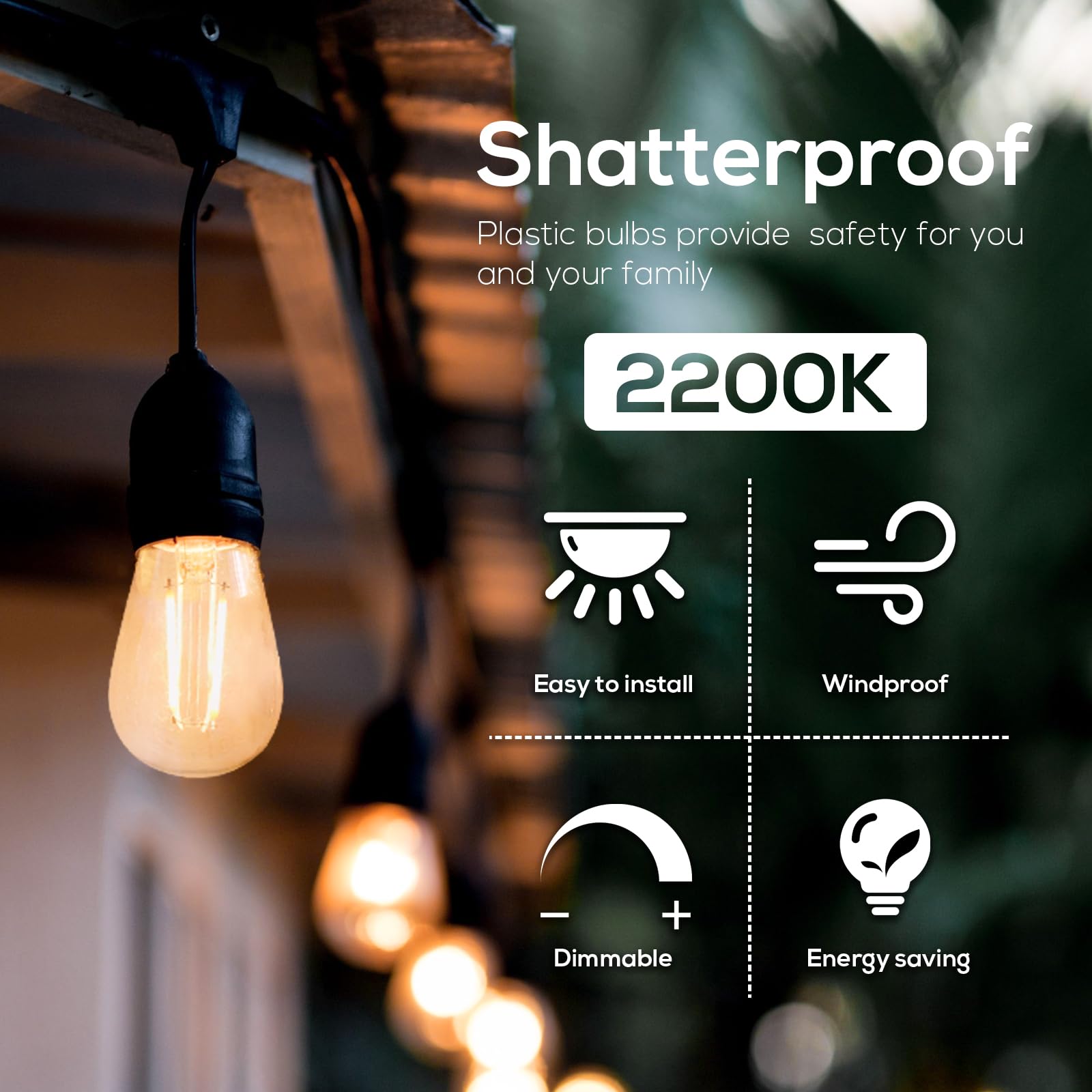 Banord 15 Pack Dimmable 2W S14 Replacement Led Bulbs, 2200K Waterproof Outdoor String Lights Vintage Led Filament Bulb, Shatterp