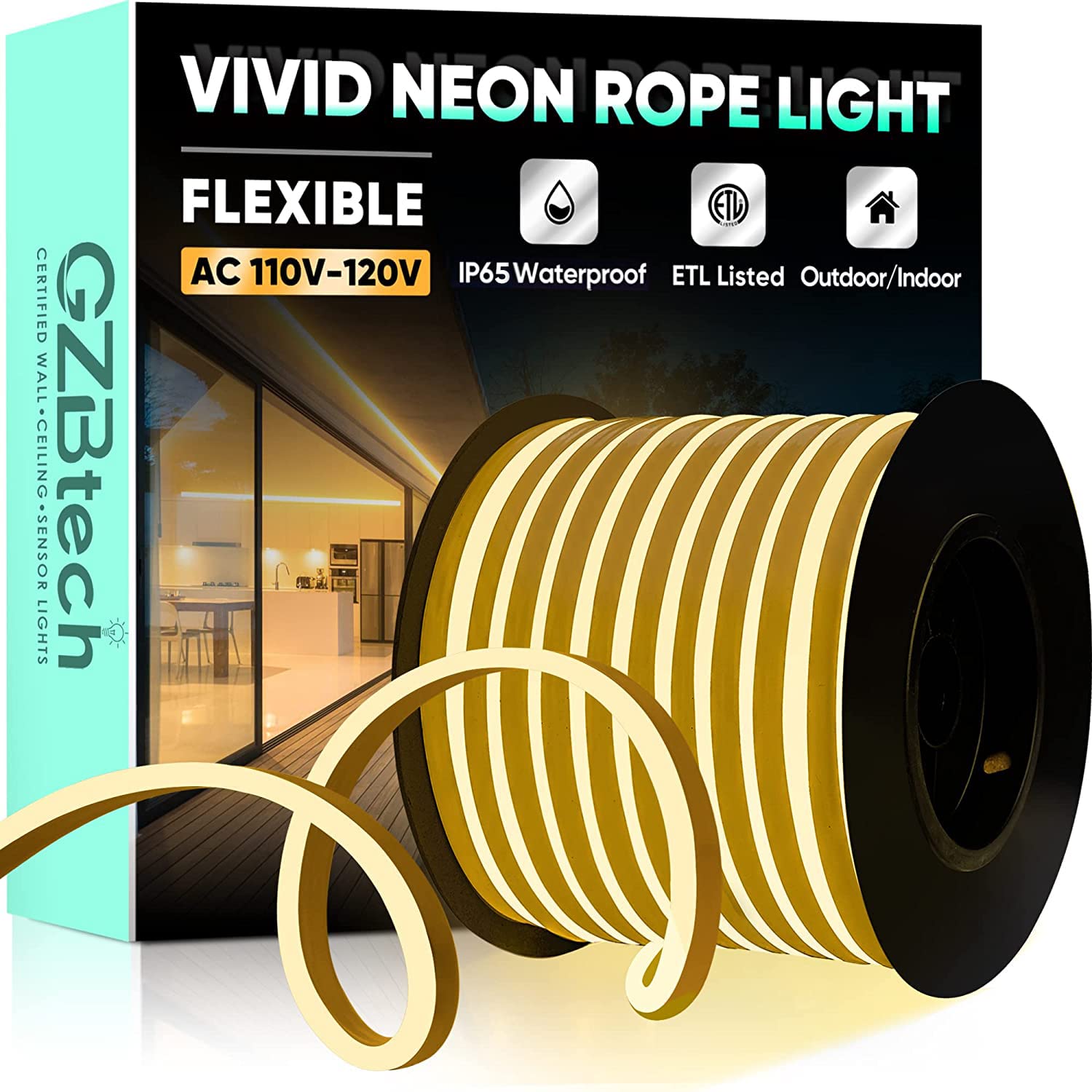 Gzbtech Flexible Led Neon Rope Lights 100Ft Ac 110-120V Waterproof Strip Light  120 Leds/M Cuttable Connectable Neon Lighting For Indoor Outdoor Home Decor/Commercial Building Use-Warm White 30M