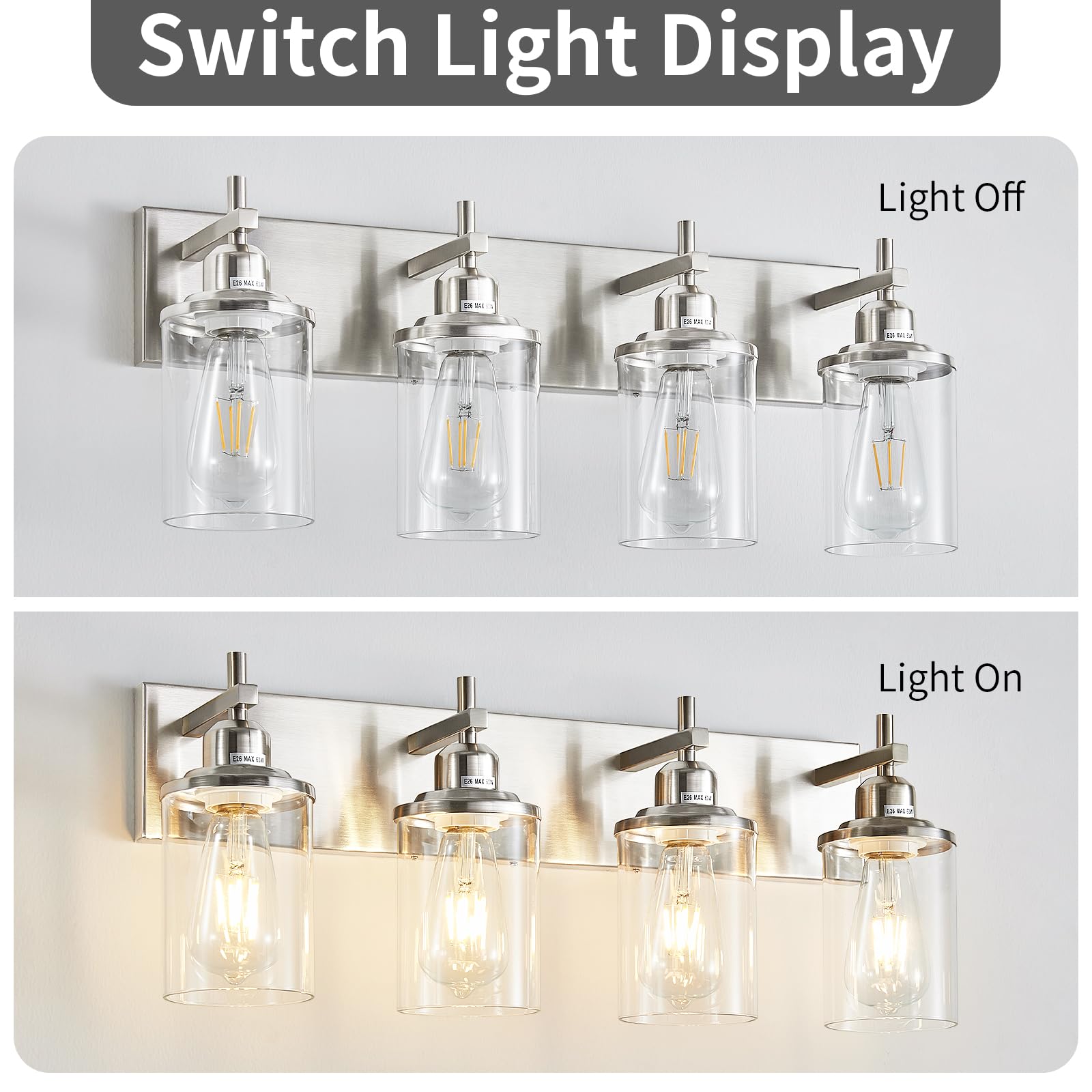 Lanhall 4-Light Brushed Nickel Bathroom Light Fixture Over Mirror Modern Bathroom Vanity Light Vintage Wall Lighting With Clear