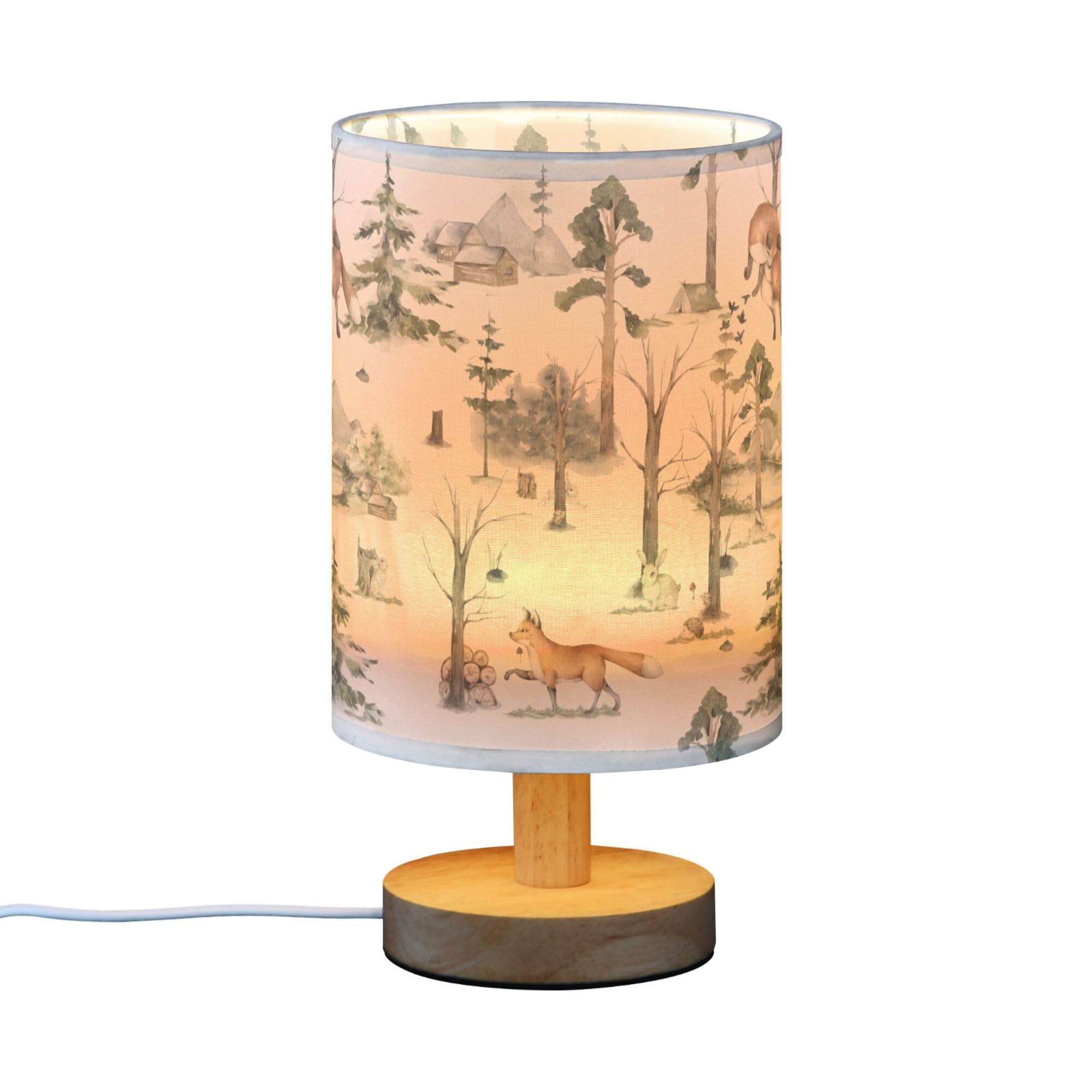 Yyzzh Table Lamp Watercolor Woodland Animal Pattern Fox Rabbit Hedgehog Bird Nightstand Lamp With Wood Base Fabric Lamp Shade Be