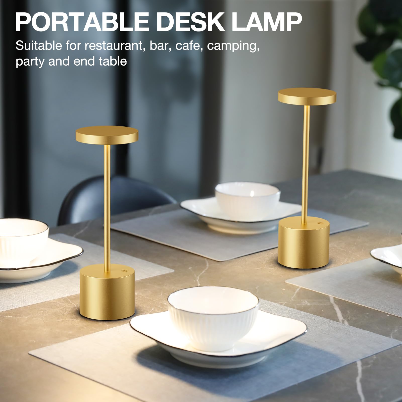 Kakanuo Gold Cordless Lamp Set - Rechargeable LED Lamps, 3 Color Temperatures, Touch Control, Stepless Dimmable, 2 Pack
